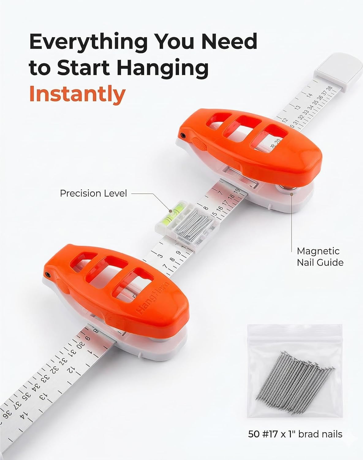 Level Ruler Picture Hanging Tool, Ith Built-In Level and Nail Storage Precision Wall Mount 3-in-1 Easy Alignment Hanging Tool Portable DIY for Frames & Artwork