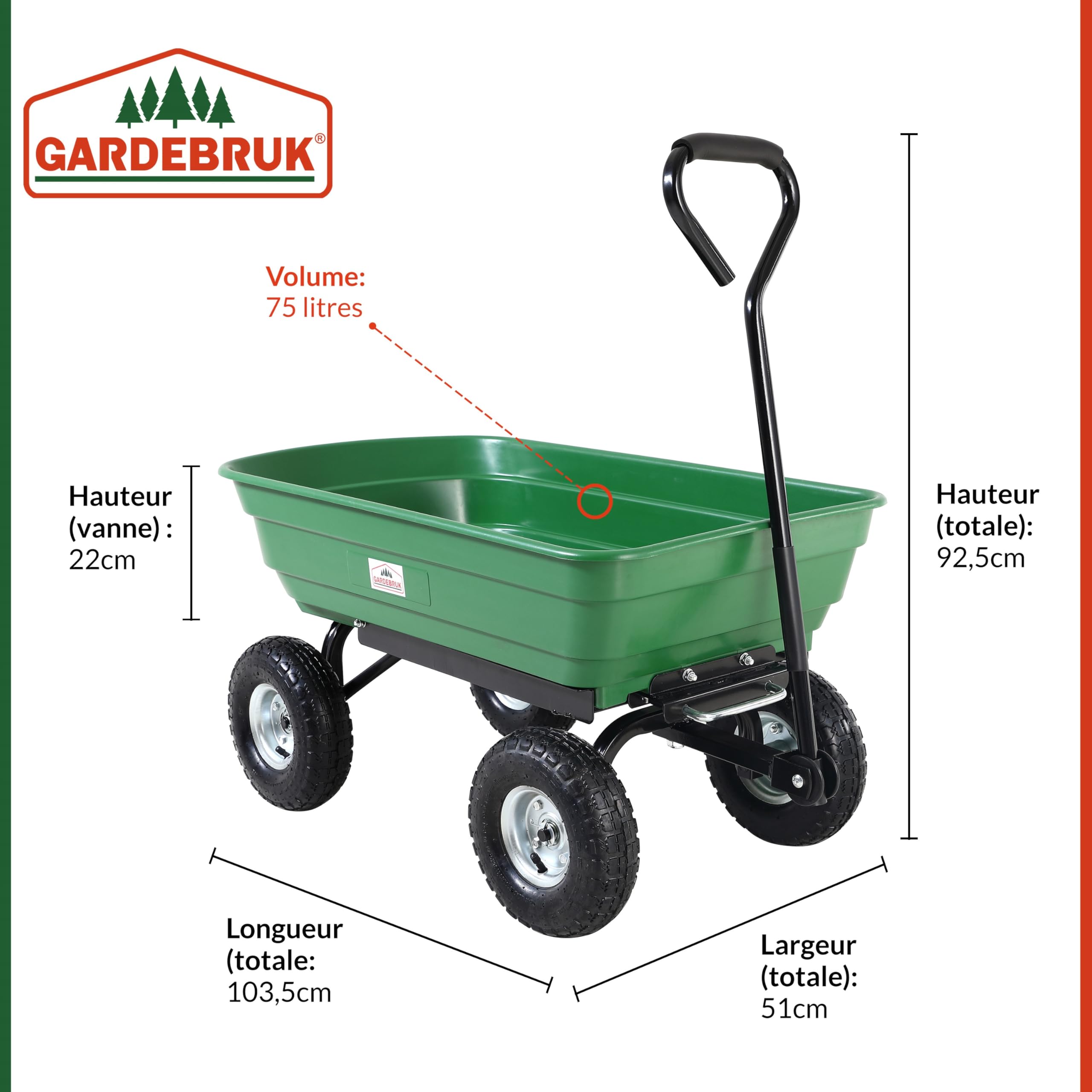 GARDEBRUK® Chariot de Jardin Benne basculante 300kg 4 pneus gonflables Tout Terrain axe Direction 75L Chariot de Transport Chariot à Main