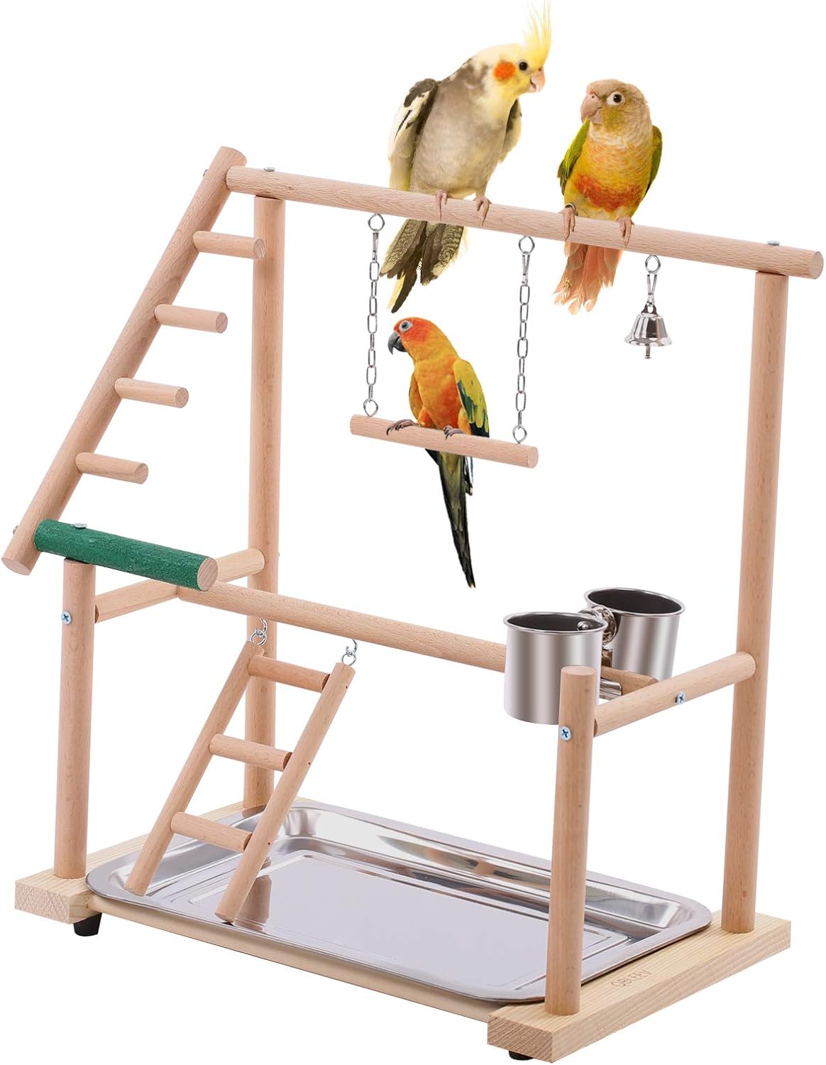 QBLEEV Bird Play Stand Parrots Playground Wooden Stick Perch，Bird Playpen Exercise Gym with Ladder Feeder Cup Bell Swing，Parrot Play Climb Gym for Parakeet Cockatiel Conure(Include a Tray) : Pet Supplies