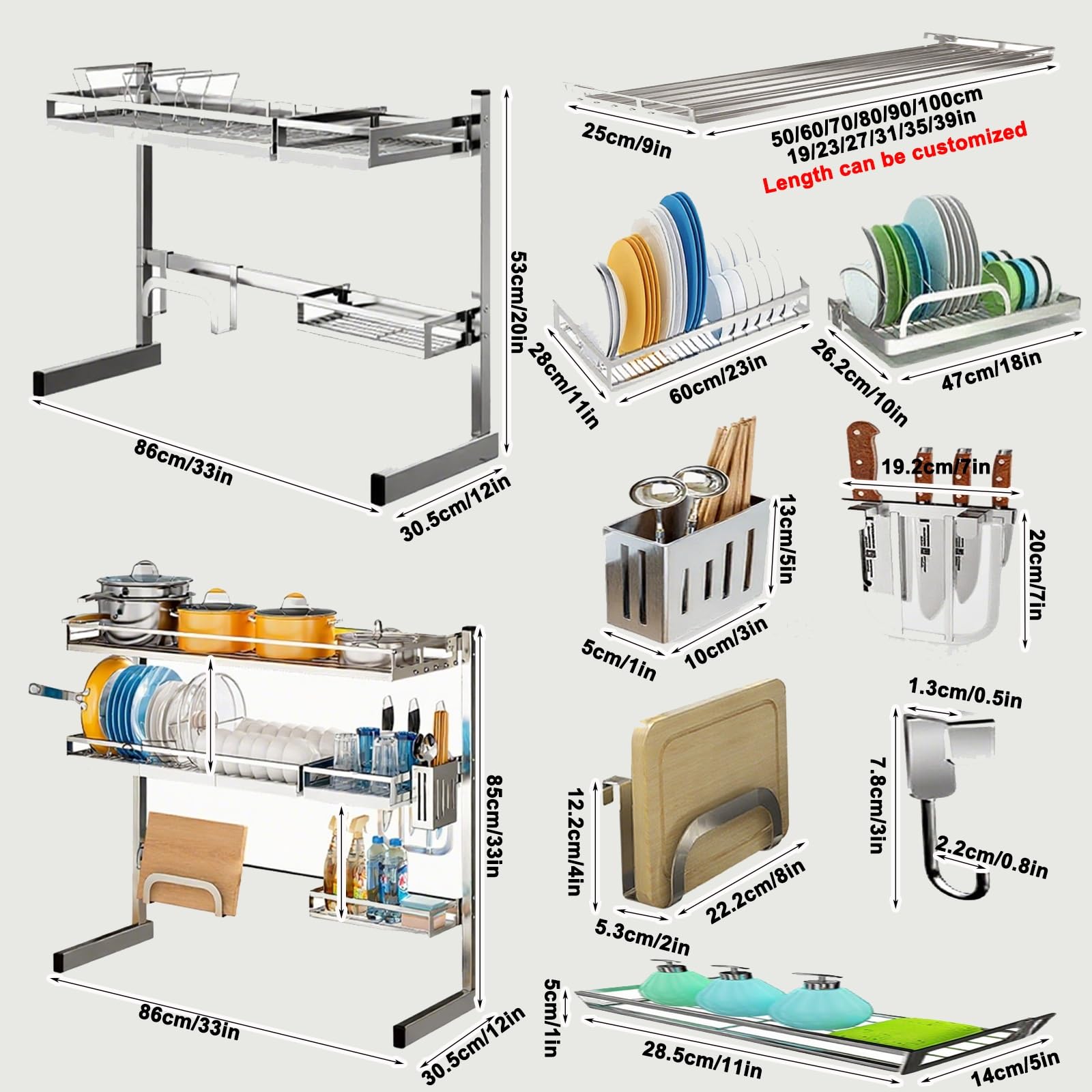 Escurreplatos de cocina de 2 niveles, 25 pulgadas, acero inoxidable 304 duradero, diseño que ahorra espacio, resistente al óxido, ideal para la organización del hogar y la cocina
