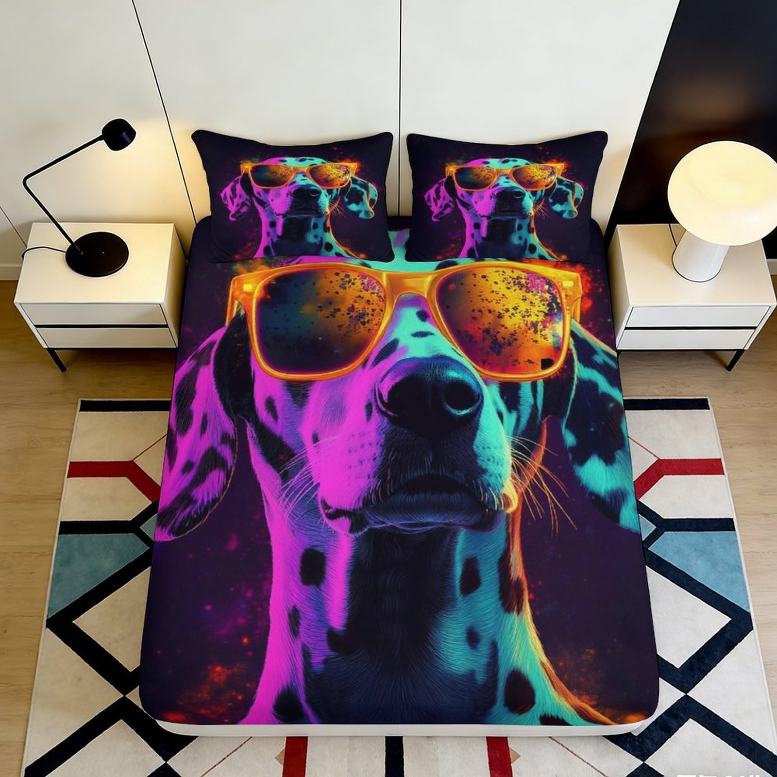 3D Printed Neon Dalmatian Fitted Sheet Microfiber Soft Breathable Cool Sunglasses Bed Sheet for Bedroom Dorm Decor 120x200x25cm