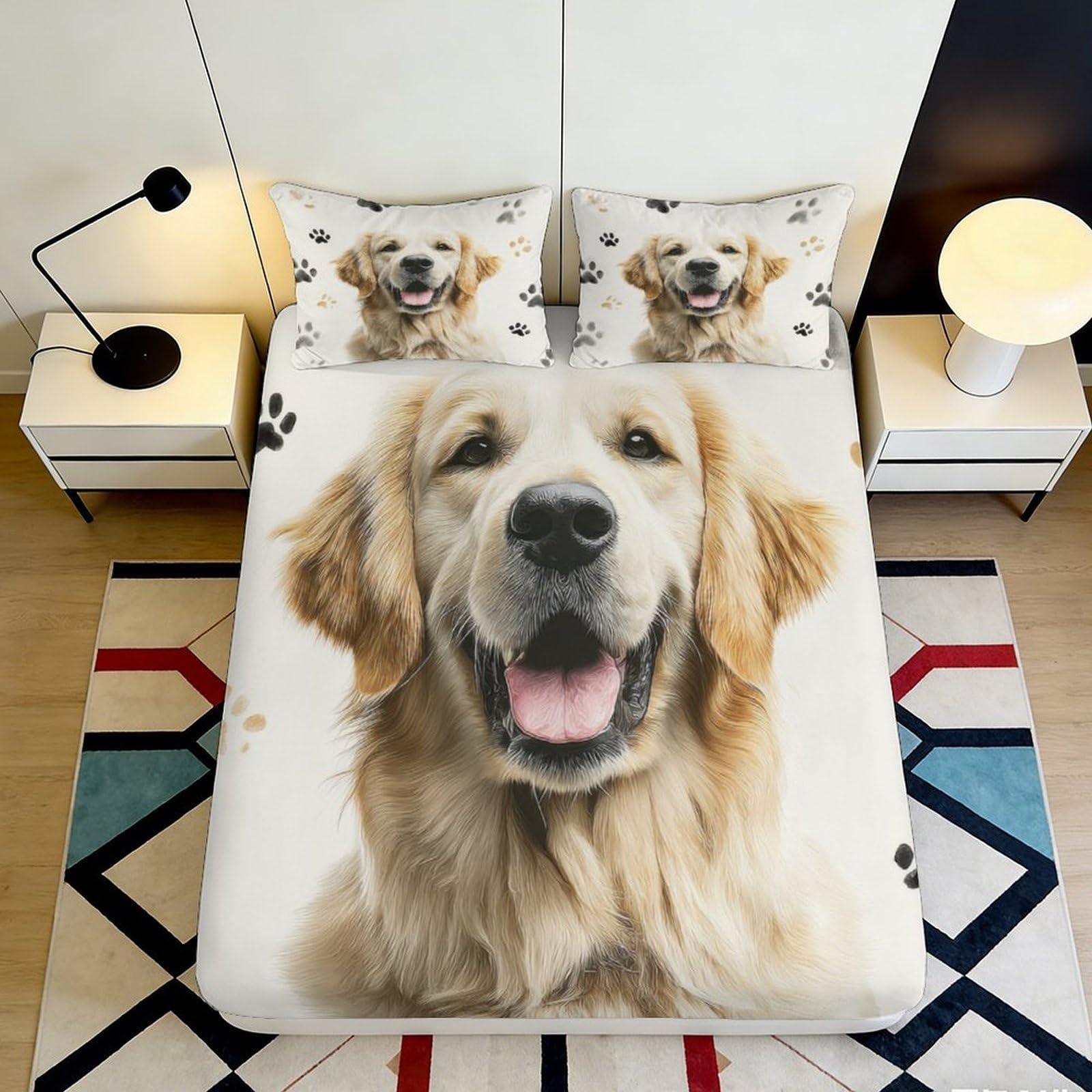 3D Printed Golden Retriever Fitted Sheet Microfiber Soft Dog Paw Bed Cover for Bedroom Guest Room Dorm Mattress Protection 90x200x25cm