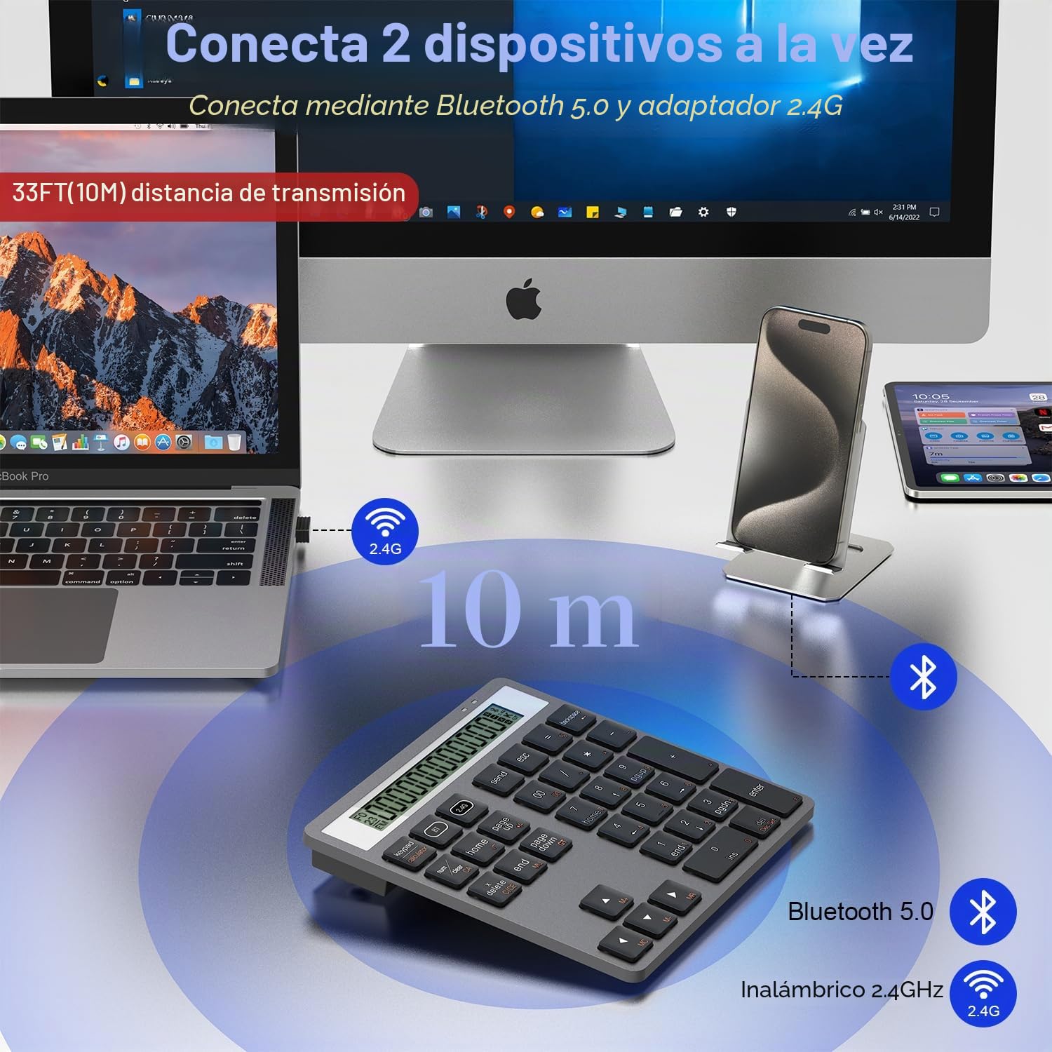 2 en 1 Teclado Inalámbrico con Calculadora - Teclado Numérico Bluetooth & 2.4 G para Portátil/PC, 34 Teclas Teclado Numérico Compatible con Windows/Mac/iOS/Android/Linux - Contabilidad/Oficina