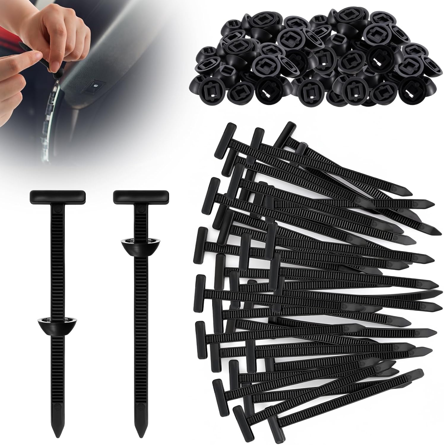 Briwooody 50 Pcs Nylon Universal Cable Tie Buckle Heavy Duty Self-locking Zip Ties Holder with Pin & Button Design, Plastic Cable Ties Tool Fasteners, UV Resistant Zipties for Car Daily Auto Fixing