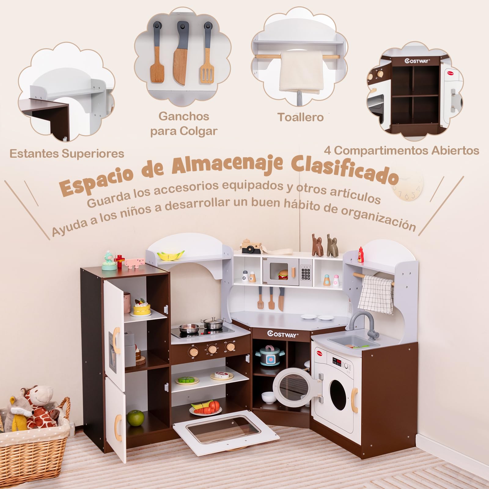 COSTWAY Cocina Juguete para Niños, Juego de Cocina Infantil con Sonido y Luces, Microondas, Horno, Fregadero, Lavadora, Juego de Cocina Infantil de Madera, a Partir de 3 años