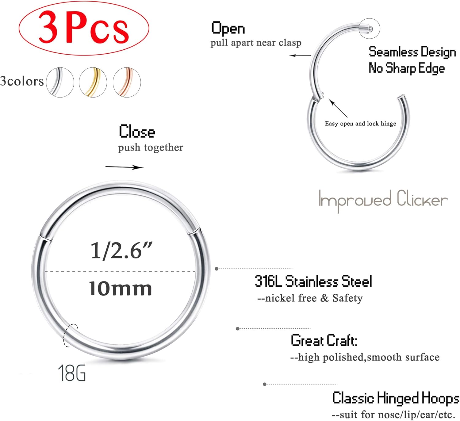 Miniatura 2 de Jstyle - Piercing de aro para nariz acero quirúrgico para cartílago tragus helix piercing Daith