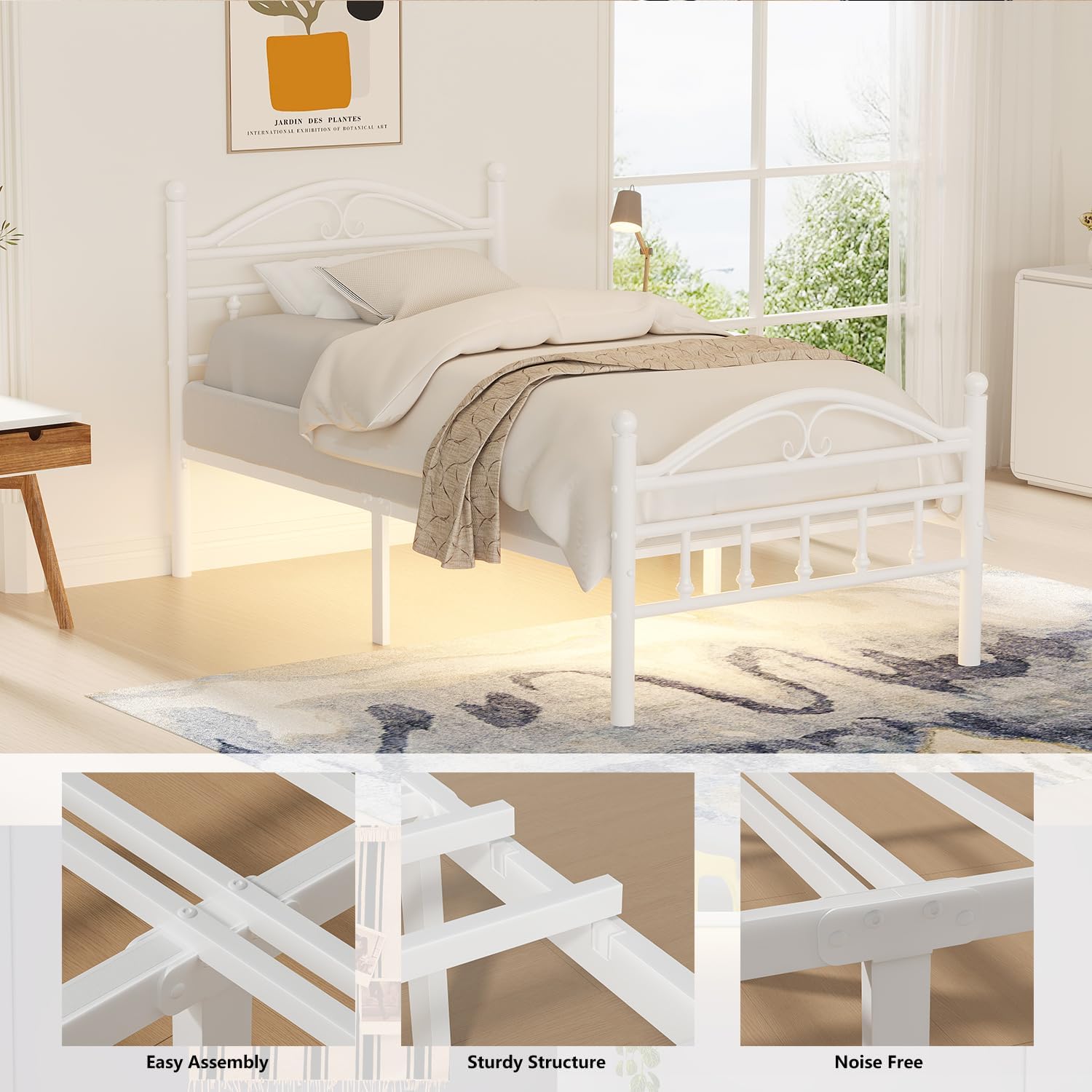 12 Inch Twin Size Bed Frames with Charging Station,White Metal Platform Bed Frame with LED Lights,Heavy Duty Metal Steel Slats Support,No Box Spring Needed,Noise Free,Easy to Assemble - Image 6