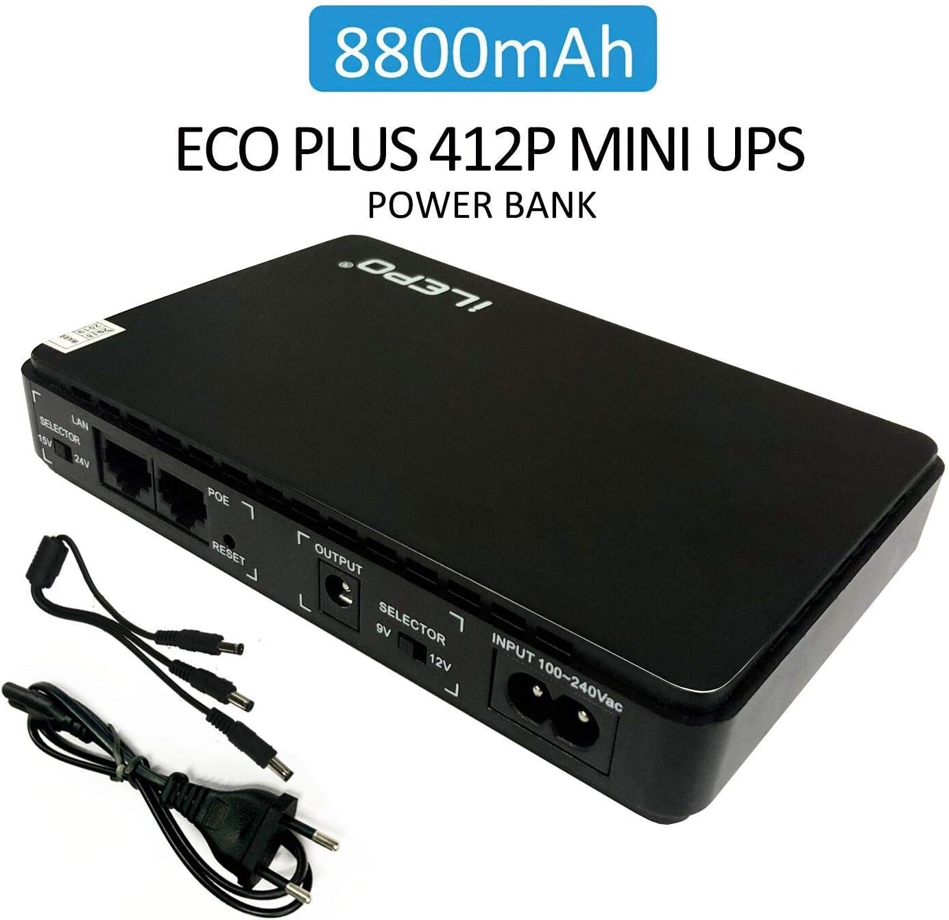 iLepo Mini UPS POE 412P Uninterruptible Power System/Supply 100V~240V AC Input 5V/9V/12V/15V/24V Output 8800mAH Power Bank Portable Power for Wireless Router Camera PSP Phone Monitor (412P UPS)