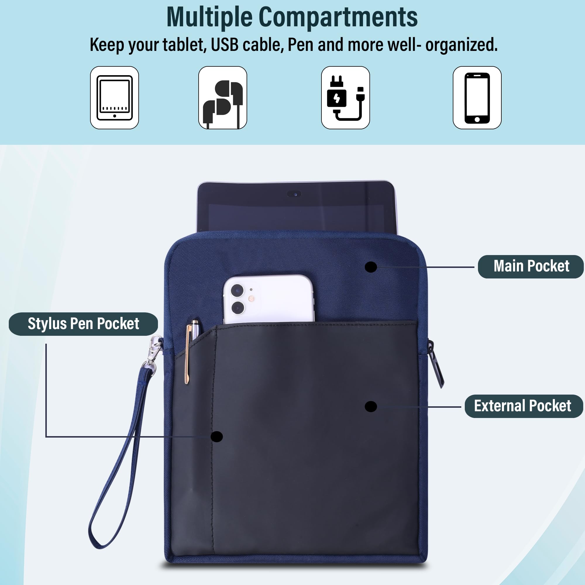 Tab-Pro Tablet Sleeve Bag Water-Resistant Case Cover Fits Upto 11.6 inch Tablets for Samsung/Lenovo/Galaxy Tab A9 Plus/S8/S9/Realme Pad/Honor X9/Xiaomi Mi pad 6/Redmi Pad/Oneplus Pad (Blue+Black)