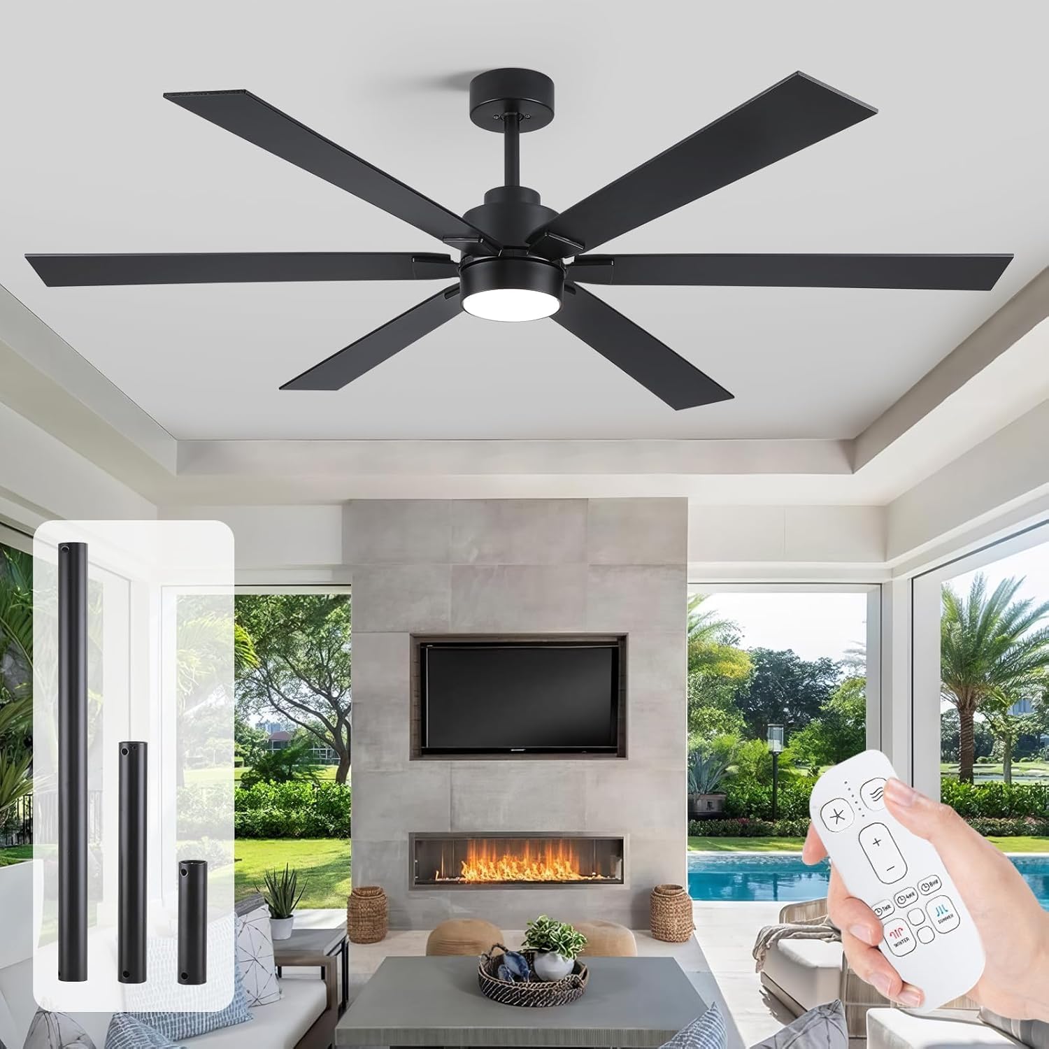 Outdoor Ceiling Fan with Light and Remote for Patios, 66 Inch Large Modern Ceiling Fan for Bedroom, Commercial Fan Energy Saving 6-Speed, Quiet Reversible DC Motor for Living Room,