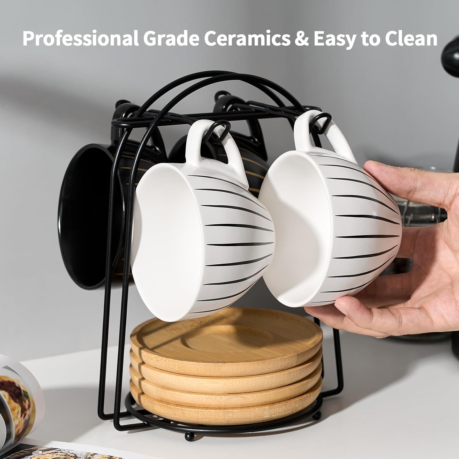 LUKA Ceramic Demitasse Espresso Cups Set with Saucers and Metal Stand, 8 oz Porcelain Cappuccino Cups Teacup For Tea, Espresso, Latte, Coffee, Cafe Mocha, Set of 4, Stripe White & Black - Image 4
