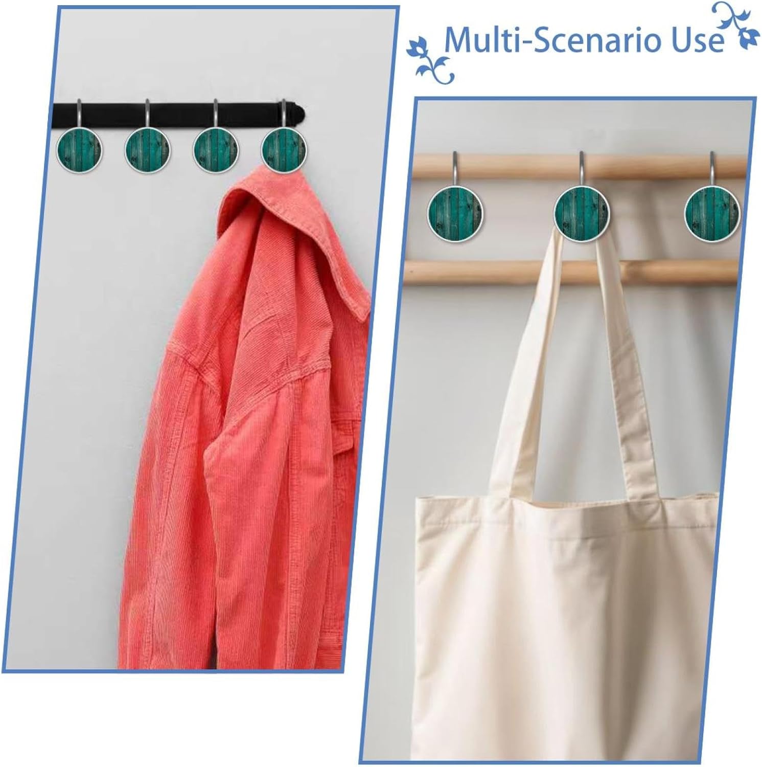 Set of 12 Rustic Distressed Teal Green Barn Wood P (1) Shower Curtain Hooks, Stainless Steel Rust-Resistant Decorative Hanger Rings