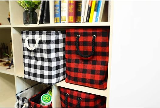 Large Rectangular Foldable Storage Laundry Baskets with Cotton Rope Handles Nursery Soft Felt Fabric Bins Delicate Home Organizer Solution, Red Black Grid, L