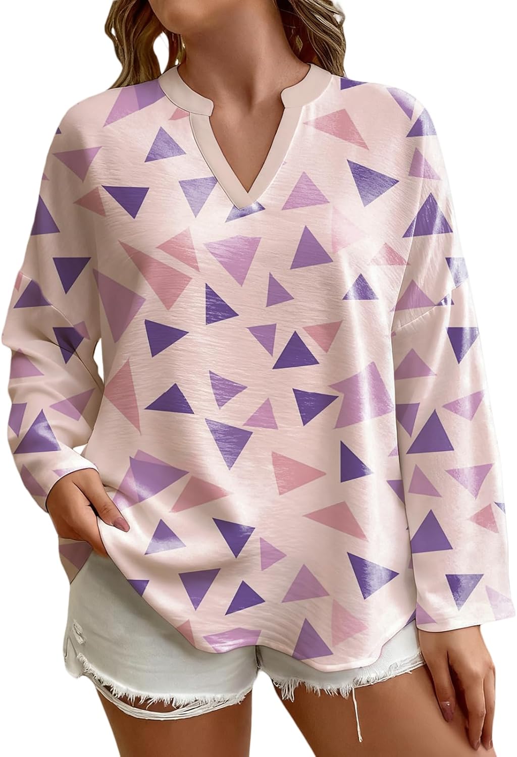 Watercolor Print T Shirt Women V Neck Loose Fit Long Sleeve Soft Breathable Daily C...