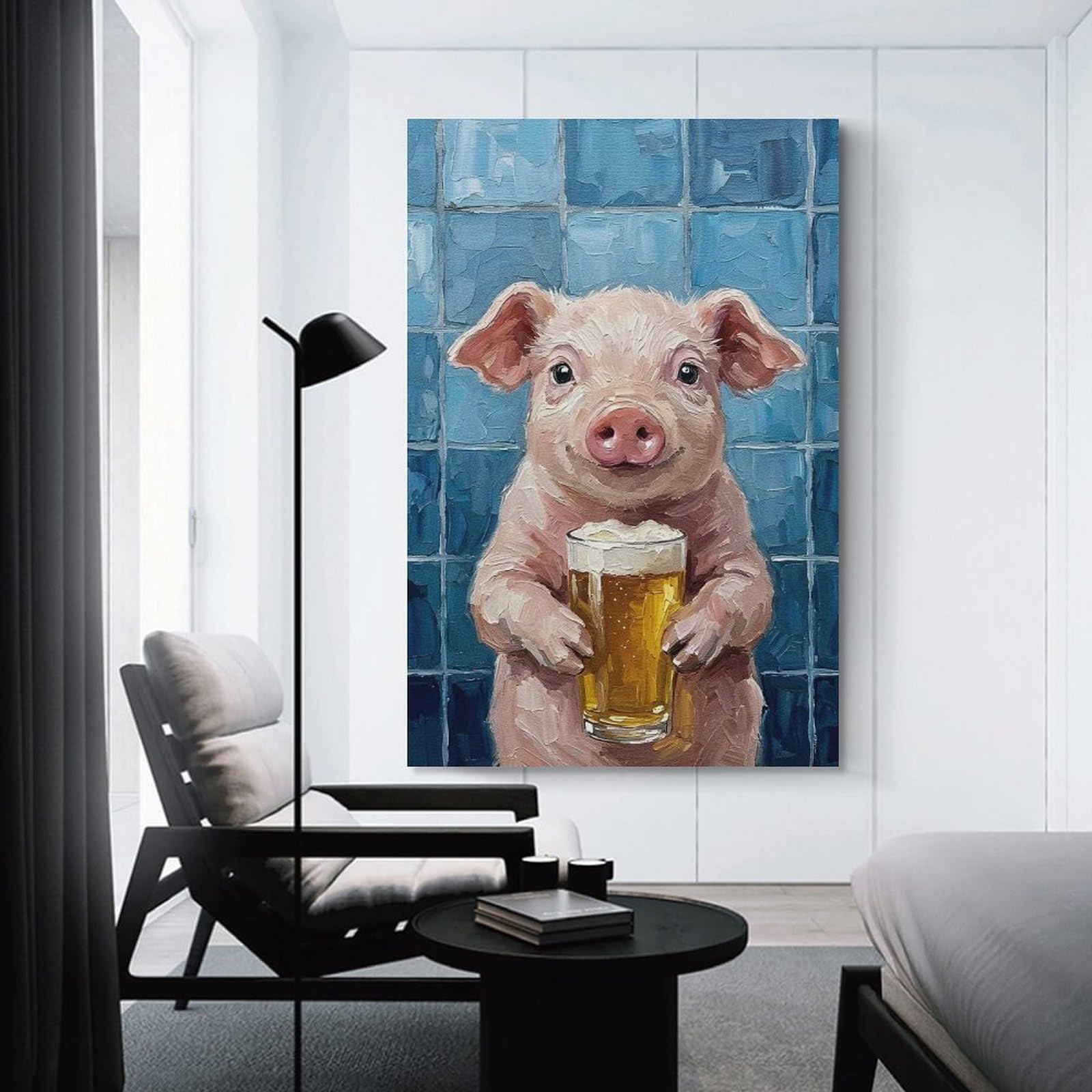 Junmoney Unframe-Style-9-1 Pig With Beer Painting Canvas Art Print 12X18inch(30X45cm), For Bedroom Walls, Guest Spaces Or Lounges, Home Artwork With A Soft Interior Feel