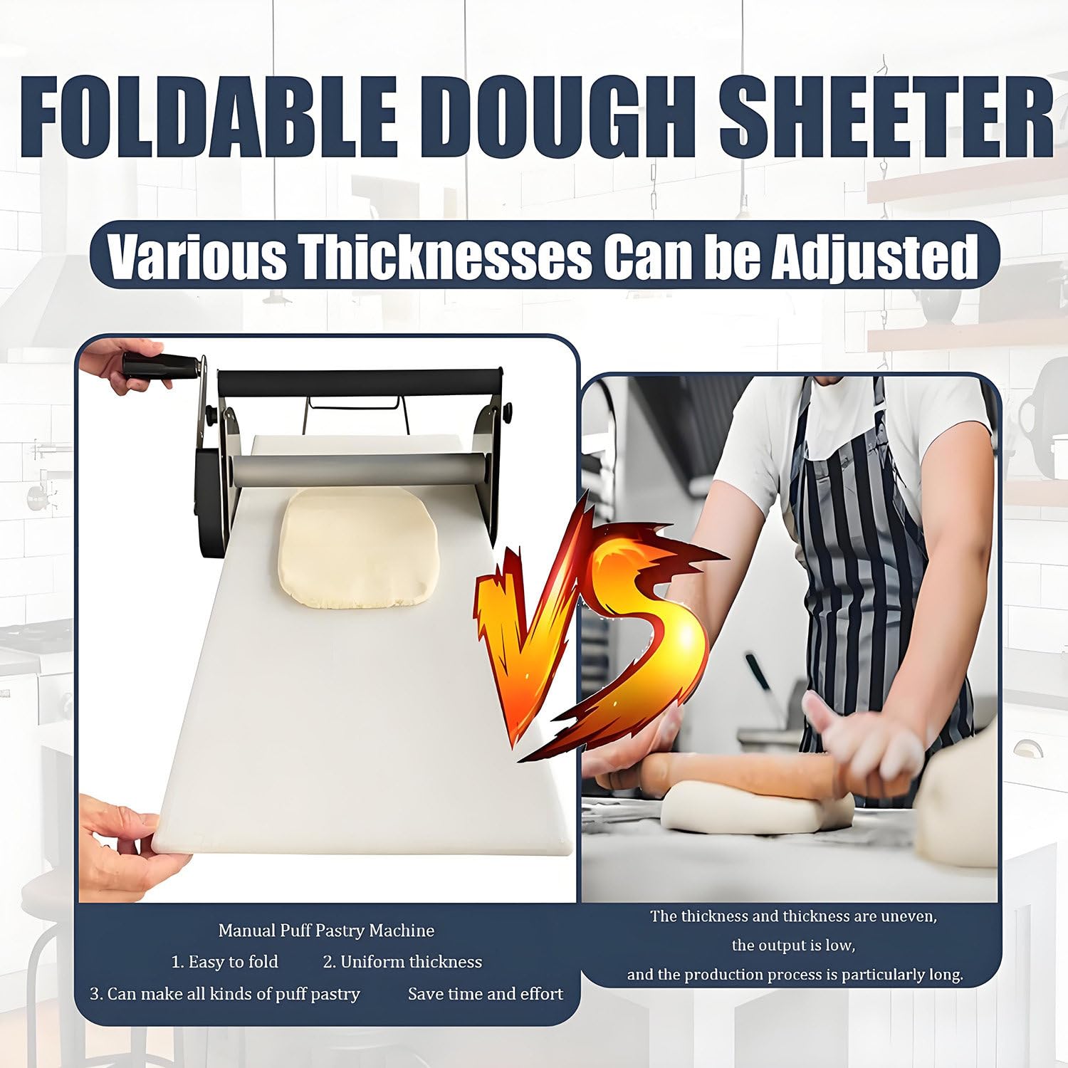 Sfogliatrice manuale per impasto, rullo pieghevole compatto in acciaio inox, spessore regolabile per cottura, attrezzatura da cucina, cottura domestica, grado professionale