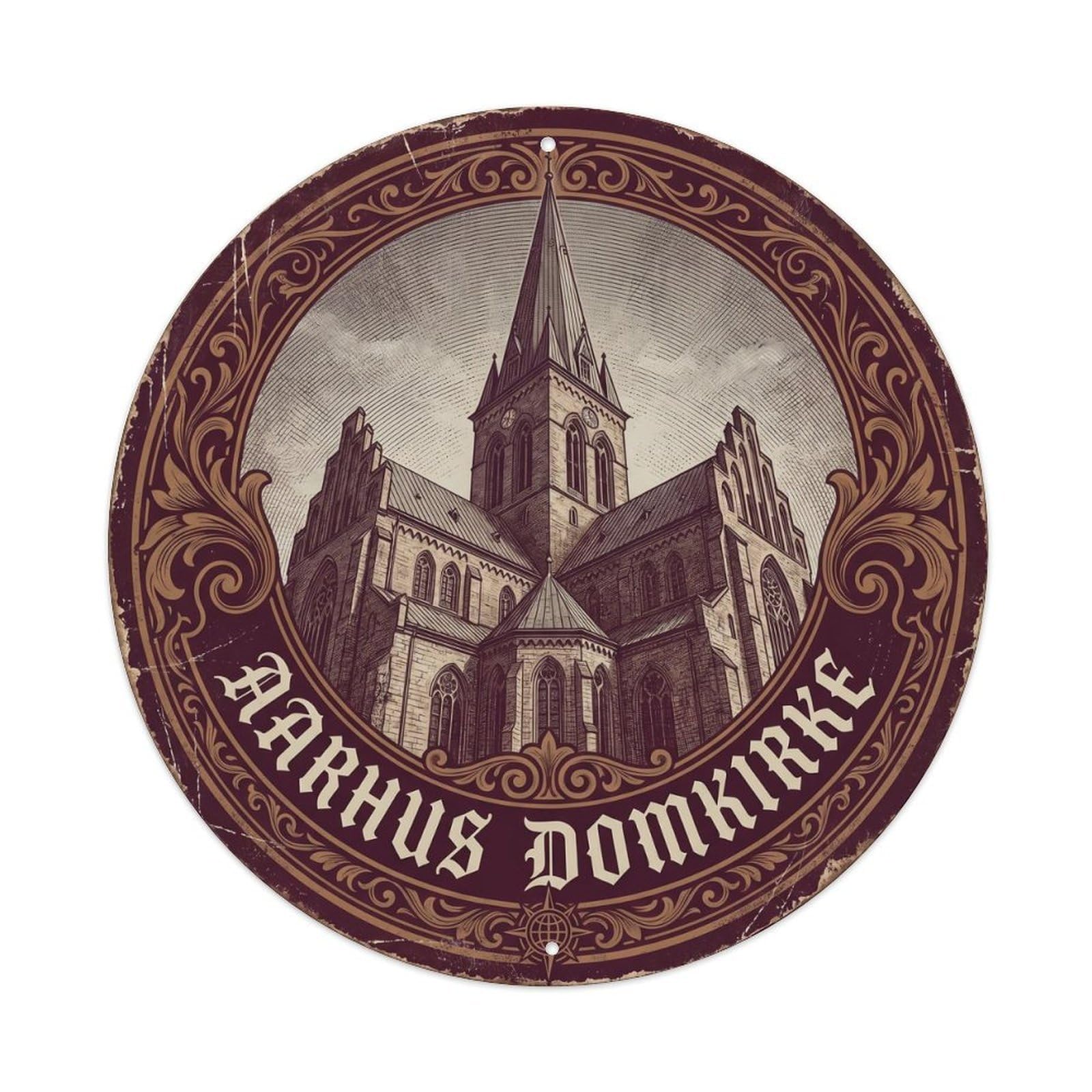 Vintage Travel Cathedral Aarhus Artwork Metal Tin Sign Plaque Wall Decor for Cafe, Club, Garden Round Metal Poster 8x8Inch