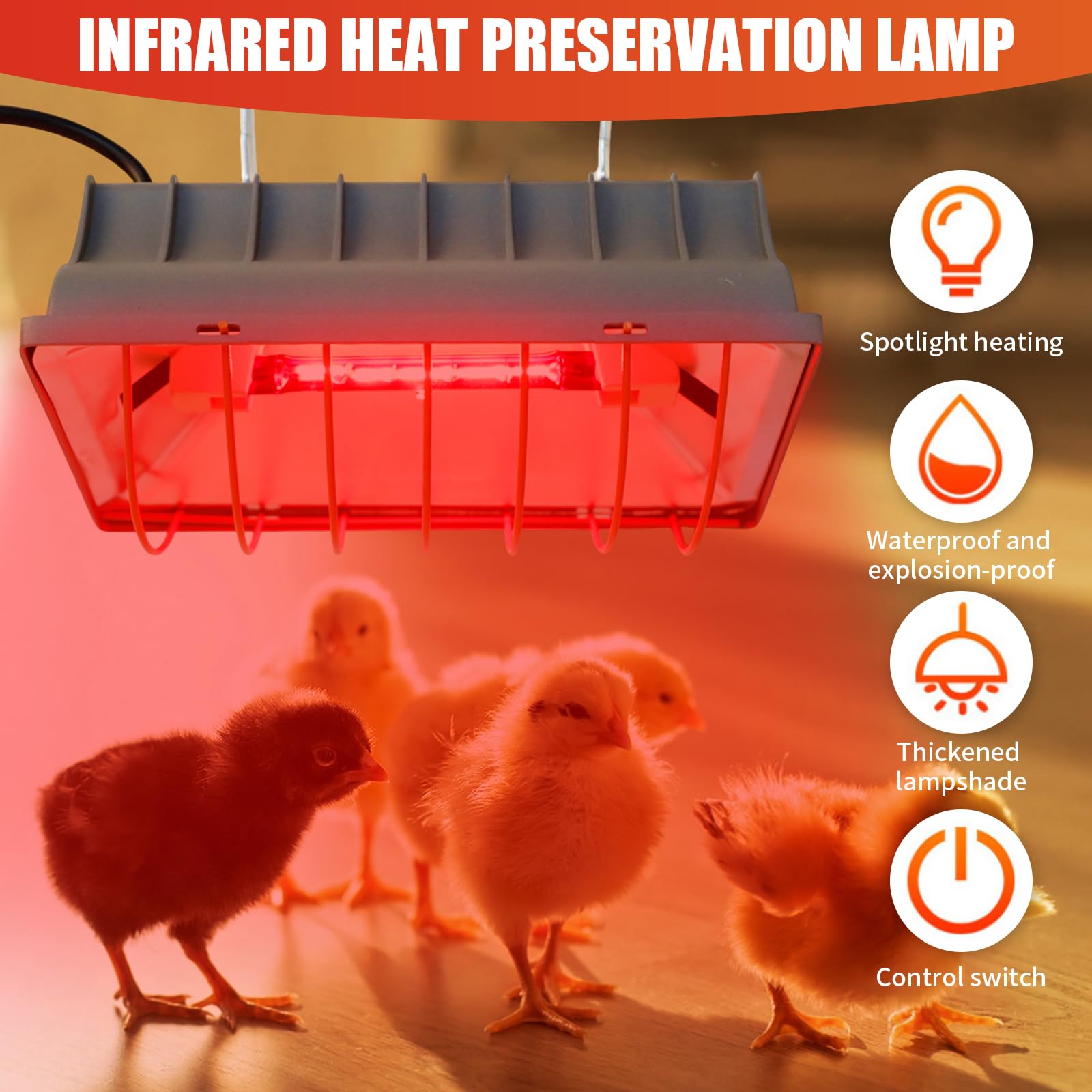 Lampe chauffante à lumière rouge - 175 W - Pour poulaillers - Avec interrupteur économique - Câble de 1,7 m - Lampe chauffante automatique - Thermostatique - Pour poussins, porcelets, chiots