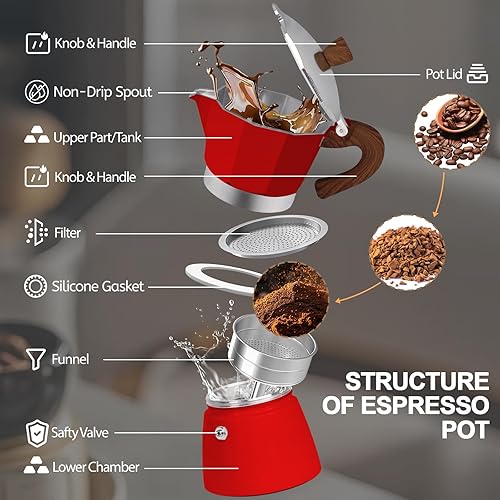 Miniatura 3 de Cafetera de aluminio con 3 tazas de 5.1 fl oz Moka Pot Express, estufa de café expreso, colorida cafetera italiana, estilo clásico, Greca Café,