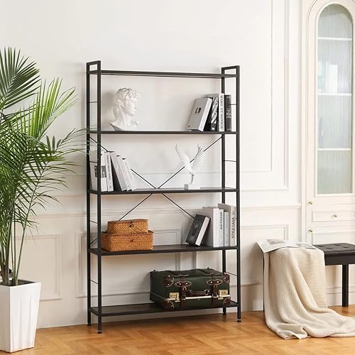 Miniatura 2 de Evajoy Estantería de 5 niveles, moderna estantería alta independiente con marco de acero, estante de madera industrial, estanterías rústicas para