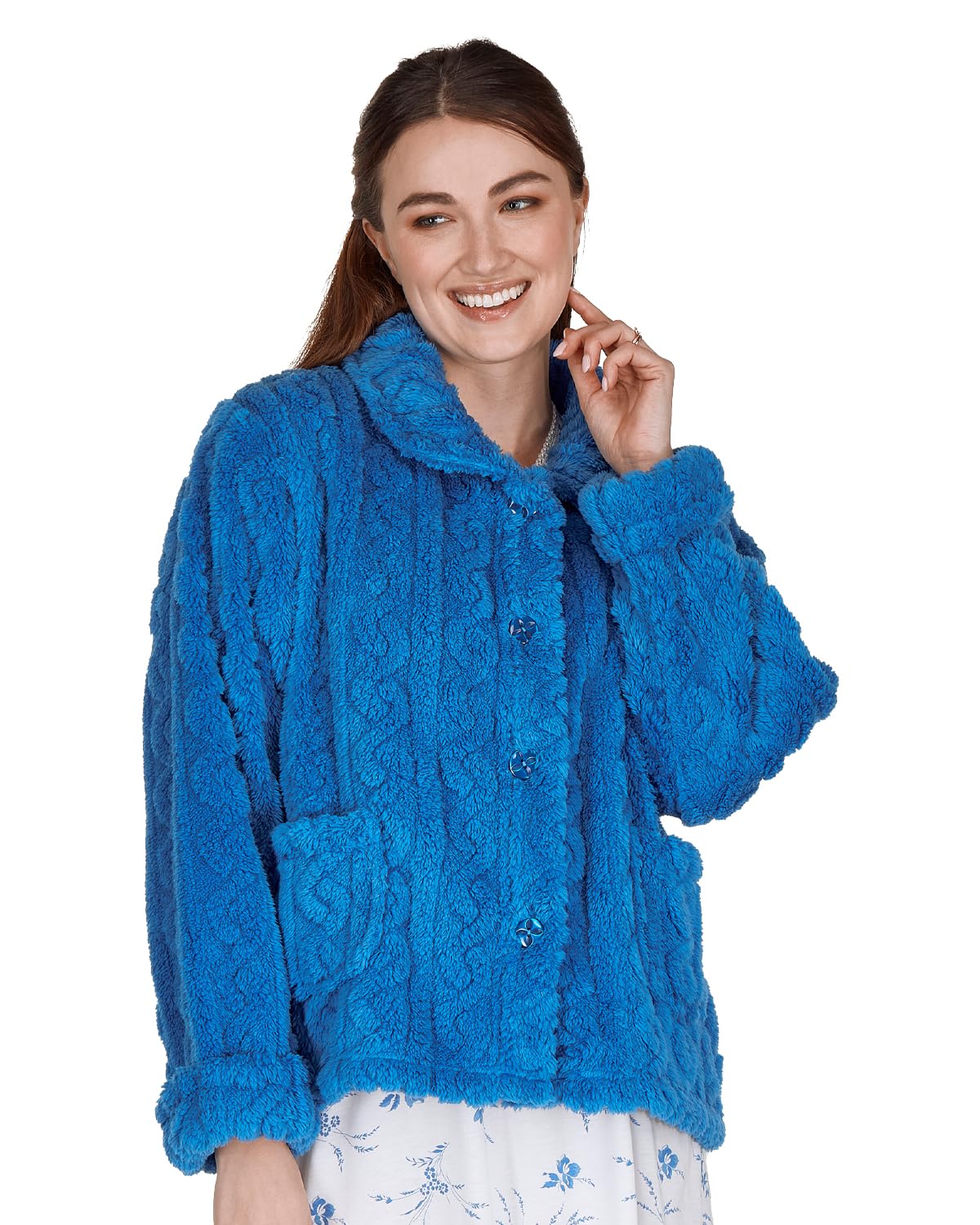 Undercover Ladies 'Diamond Jacquard' Button Bed Jacket 67476 Blue L-XL