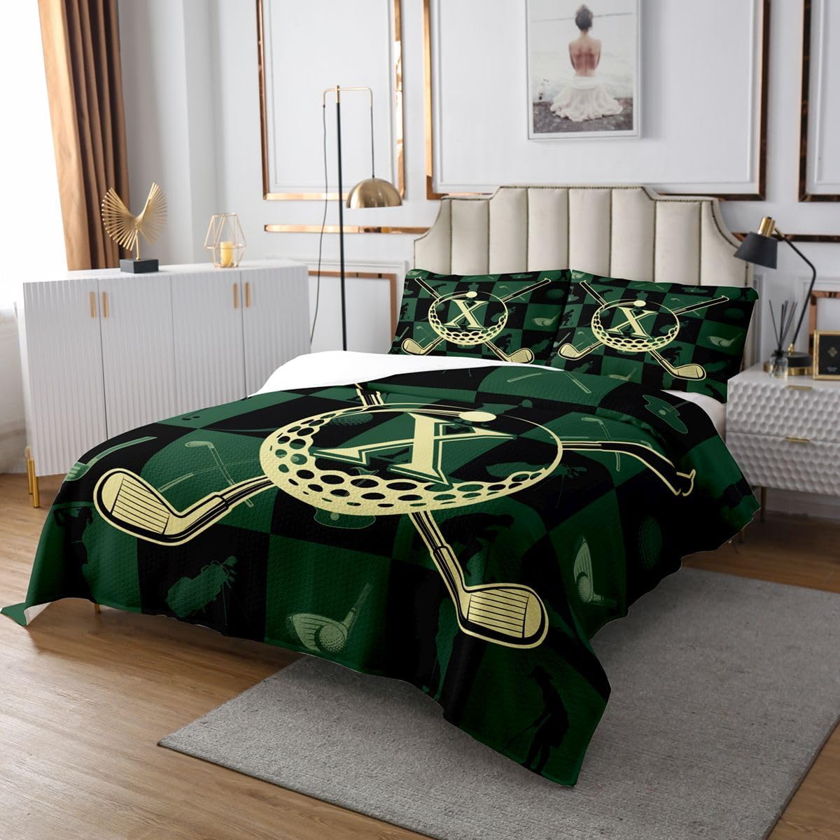 Erosebridal Personalized Initial X Coverlet Set Queen Ball Game Alphabet Letter Bedspread Sports Black Green Patchwork Room Decor Quilt Set for Kids Adults,Monogrammed Golf Club Bedding Quilted