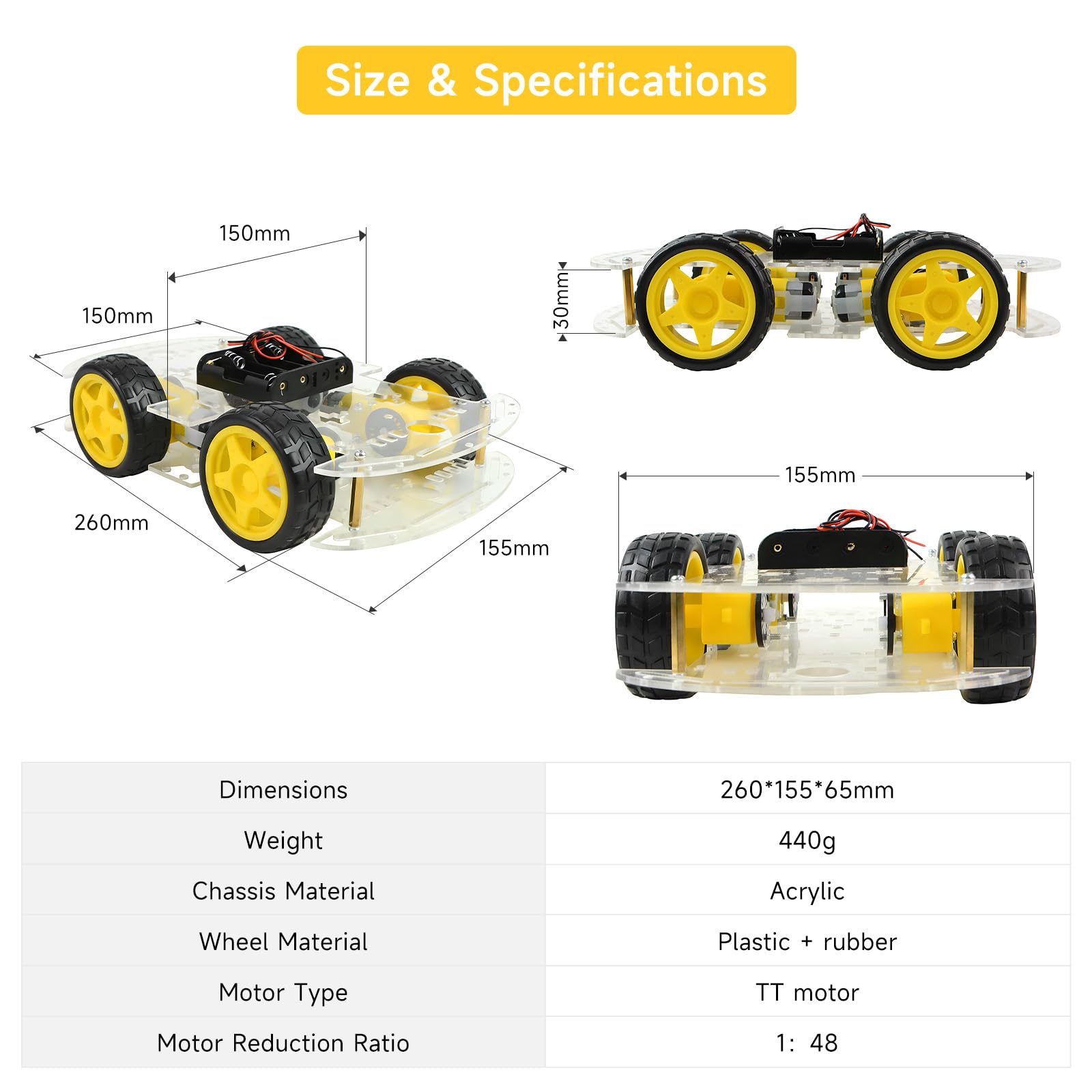 Kit de châssis robot 4WD avec moteur TT, châssis acrylique, 4 roues pour Arduino