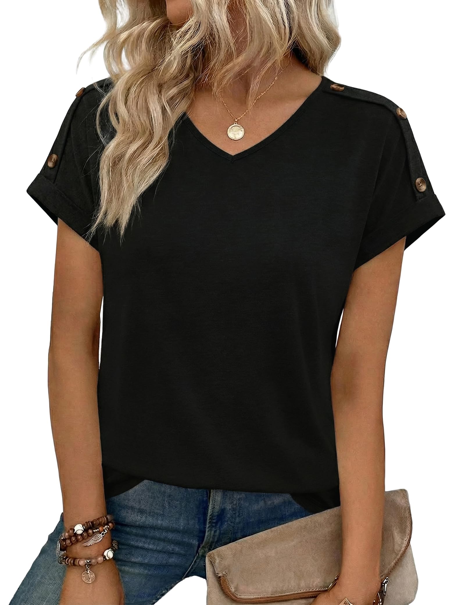 Totatuit Damen T-Shirt Kurzarm V-Ausschnitt Locker Sitzendes Oberteil | Damen Sommer Casual Blusen Leicht V Ausschnitt Lockerer Sitz Tunika Stil für Jeans Shorts Büro Urlaub