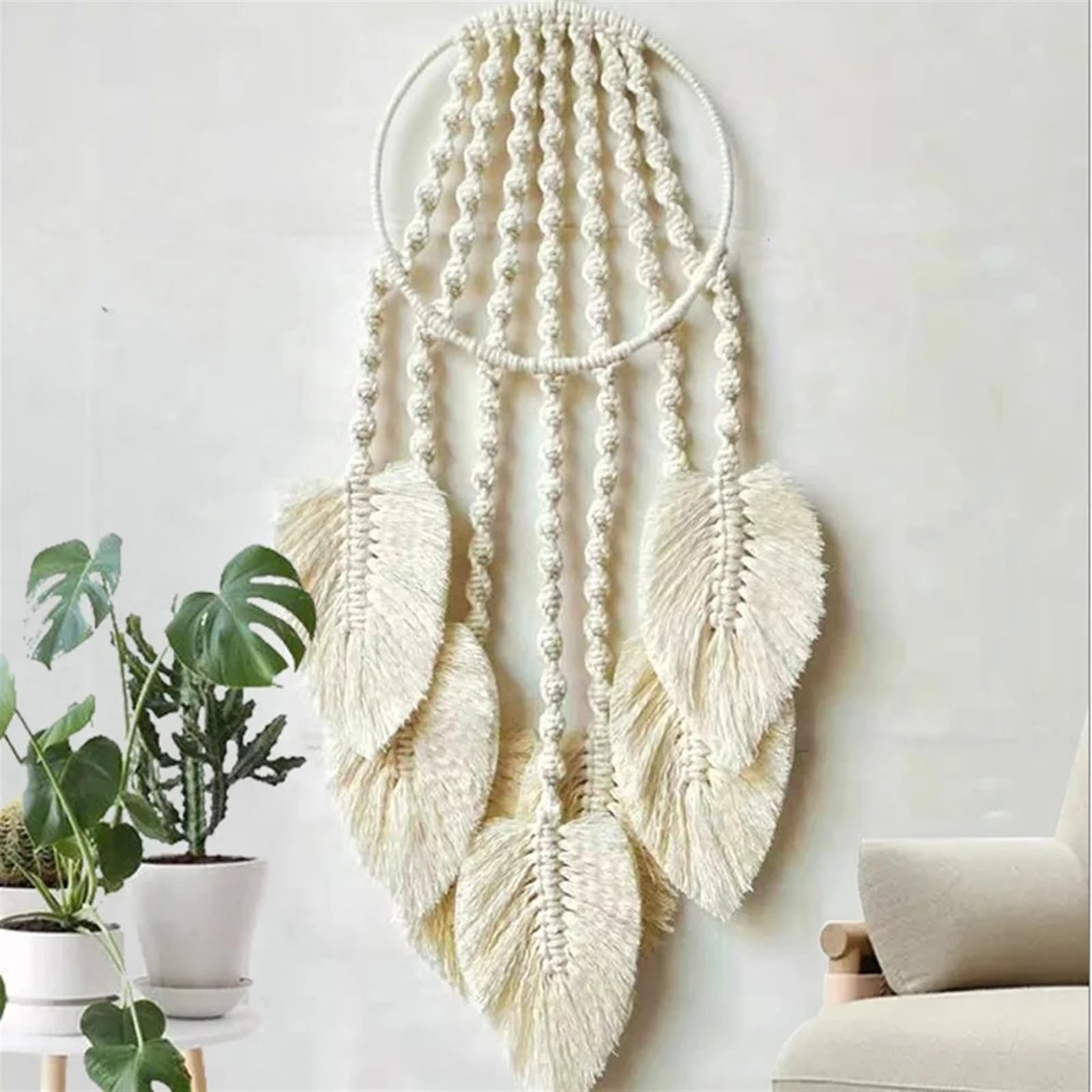 Atrapasueños Atrapasueños de macramé con Forma de aro y Hojas de Plumas for Colgar en la Pared, Adorno Artesanal for decoración del hogar, Tapiz Tejido a Mano(Grey)