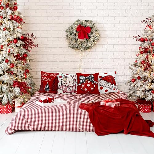 Miniatura 5 de 4 fundas de almohada rojas de Navidad de 18 x 18 pulgadas, fundas de almohada de invierno con lunares, decoración de lunares, fundas de cojín para