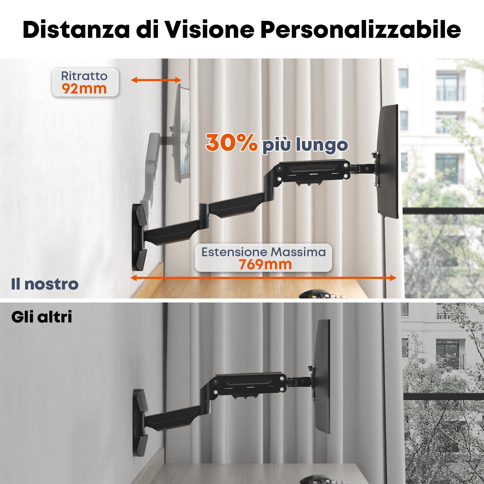 Braccio da Parete per Monitor 17-32 Pollici - Supporto Extra Lungo con Ammortizzatore a Gas Regolabile, per Schermi LED/LCD/TV fino a 9 kg, VESA 75/100, Nero