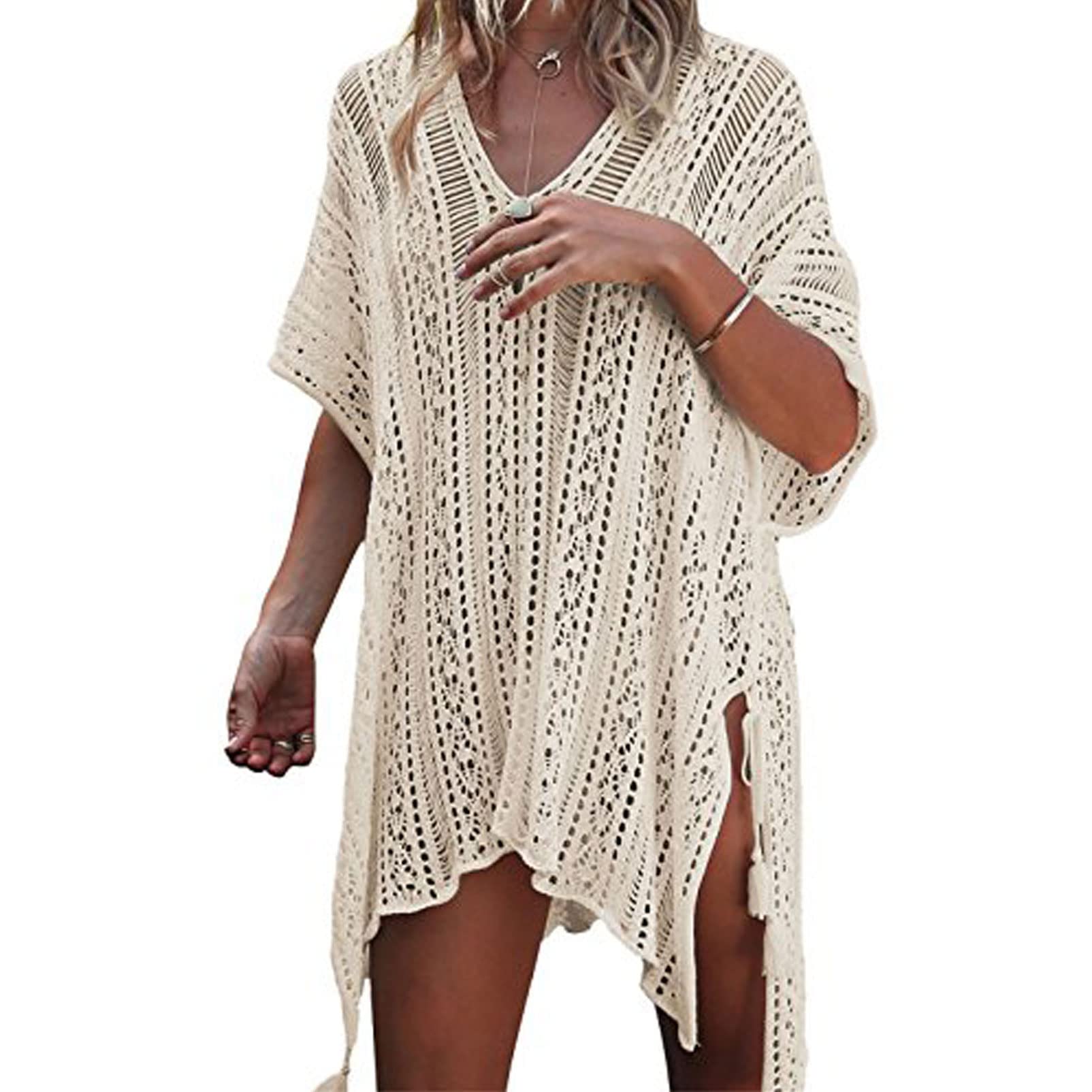 Womens Beachwear Cover Ups, Women's Bathing Suit Cover Up Beach Bikini Swimsuit Swimwear Crochet Dress (Beige)