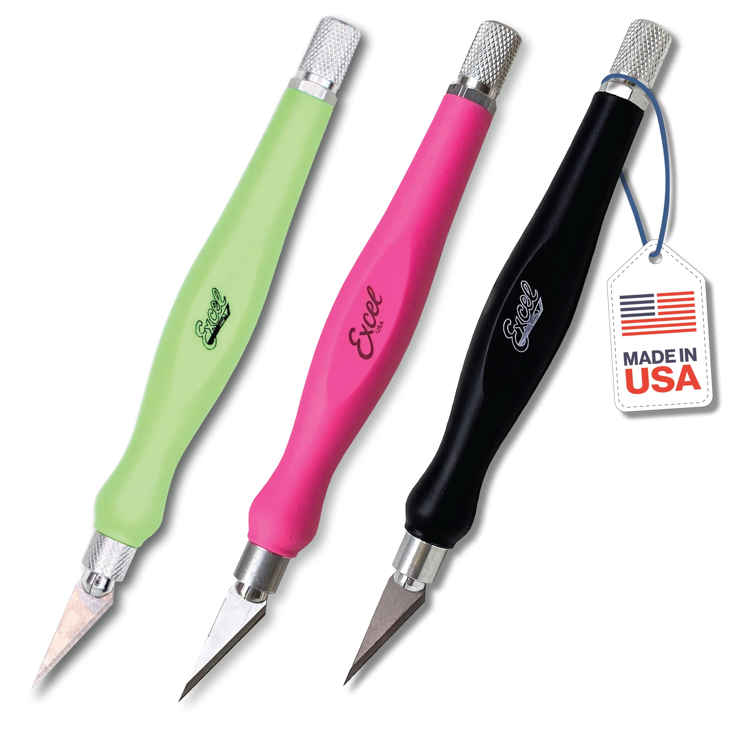 Excel Blades Fit Grip Craft Knife 3-Pack With #11 Ultra-Sharp Carbon Steel Angled Blade – Precision Hobby Knife with Contoured Rubberized Grip for DIY, Art Crafts – Assorted Colors, Made in the USA