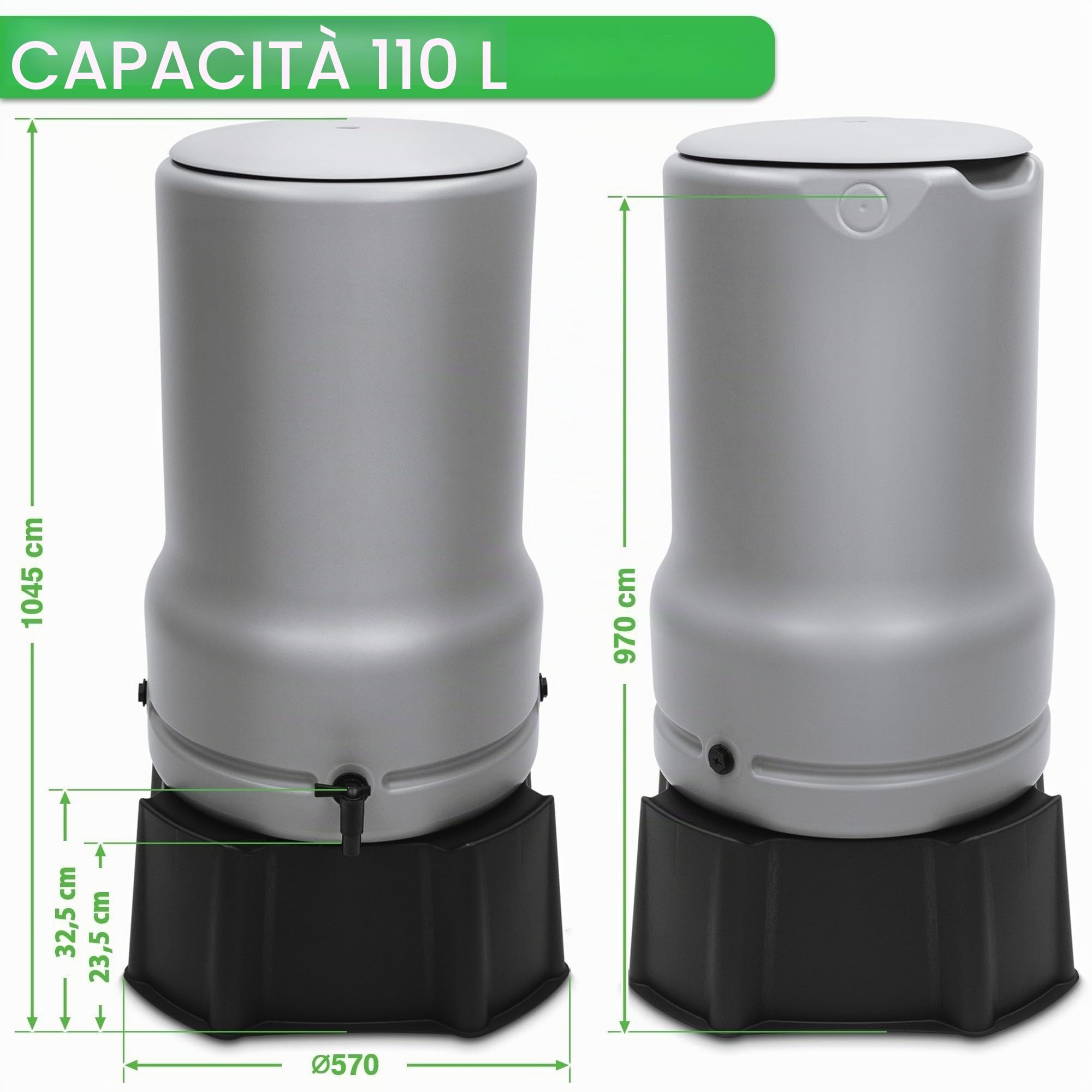 YourCasa Cisterna per Acqua Piovana 110L [RainBell] con Piedi di Supporto, Coperchio & Rubinetto - Raccoglitore di Acqua Piovana Resistente al Gelo in Plastica - Serbatoio per Acqua Piovana