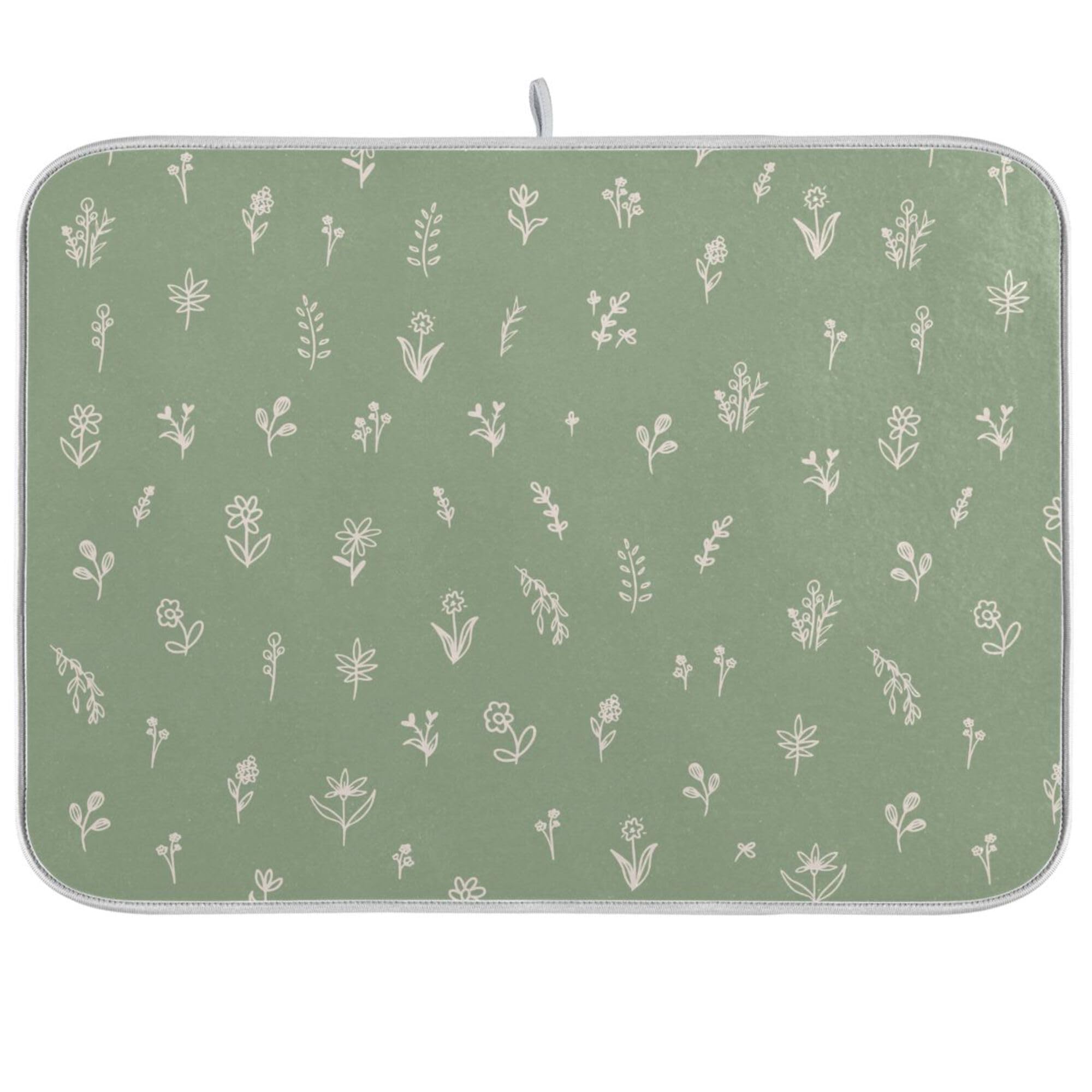 Sage Green Dish Drying Mat Quick Absorbent 18x24 Doodled Botany Flowers Leaves Herbs Plants Kitchen Drying Mat for Countertop Sink Reusable Dishes