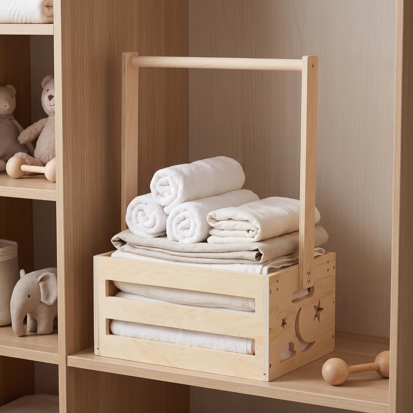Gralara Cestino con Maniglie in Legno | Pannelli Laterali a Doghe, Cestino oggetti con Manico, Naturale, per Bagno, Casa, Neonati,