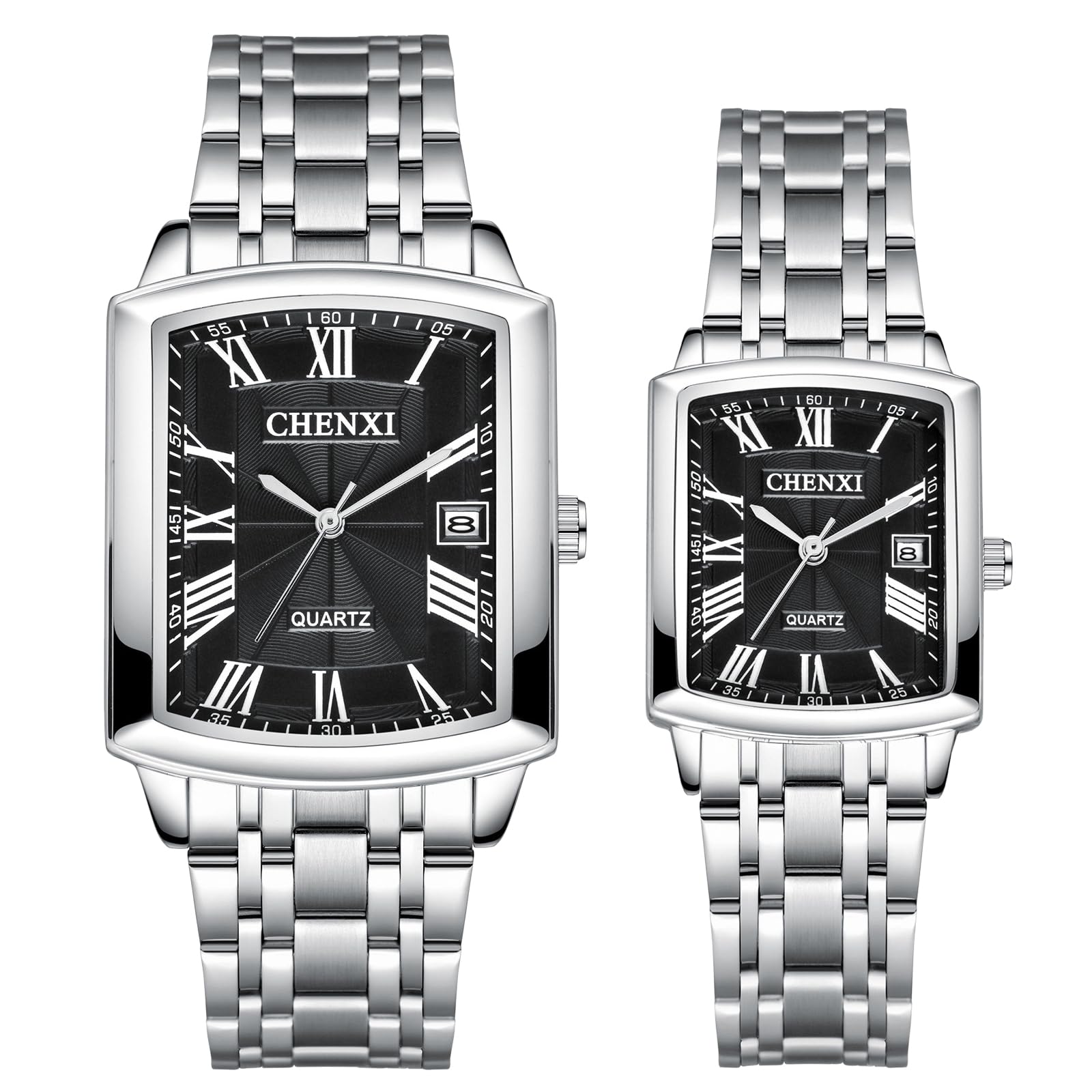 JewelryWe Reloj de pulsera analógico para hombre y mujer, cuarzo, rectangular, cerámica, banda de cerámica, para parejas, con brillantes, color negro y blanco, regalo de San Valentín, Relojes