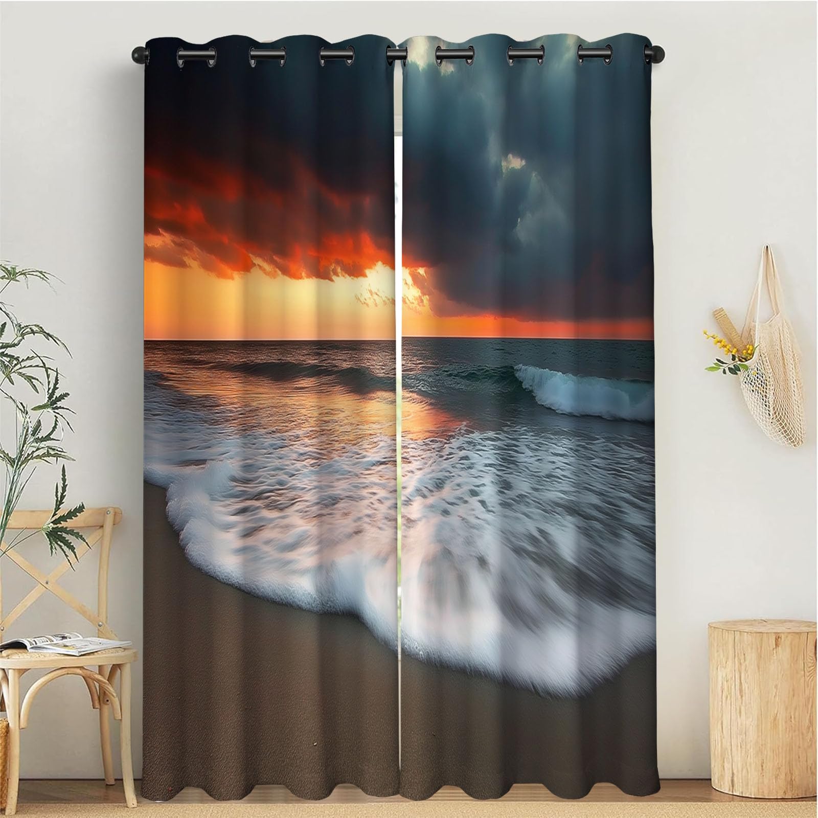 Rideaux Occultants Salon Isolant Thermique Oeillets 140 X 200 Cm Coucher Soleil Océan