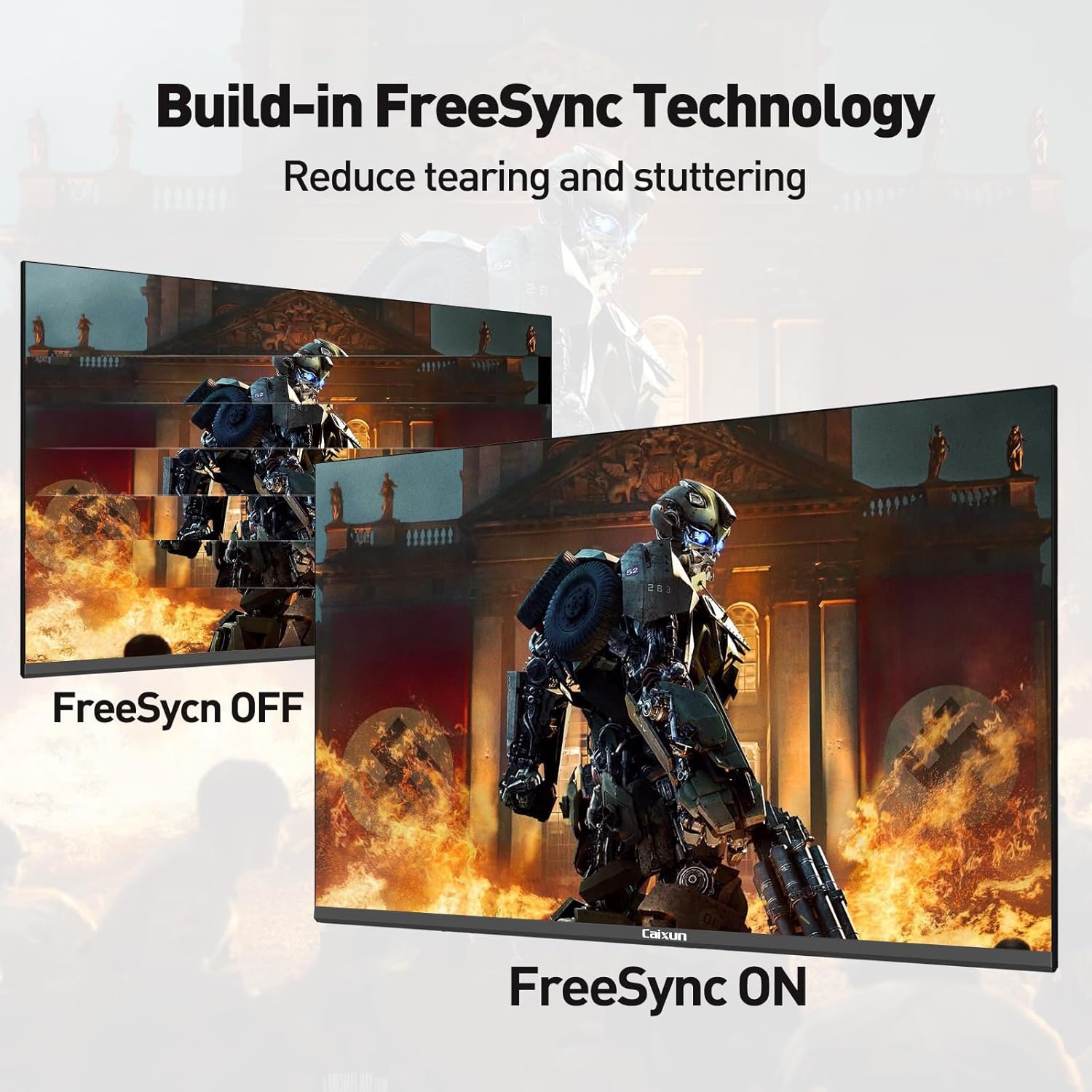 Comparison image showing screen tearing with FreeSync OFF and smooth display with FreeSync ON during a gaming scene.