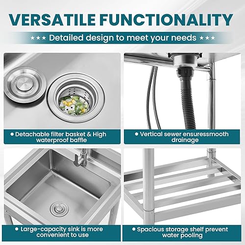 Miniatura 5 de Fregadero utilitario de acero inoxidable de pie individual para lavandería, fregadero de cocina comercial al aire libre con tubo frío caliente para