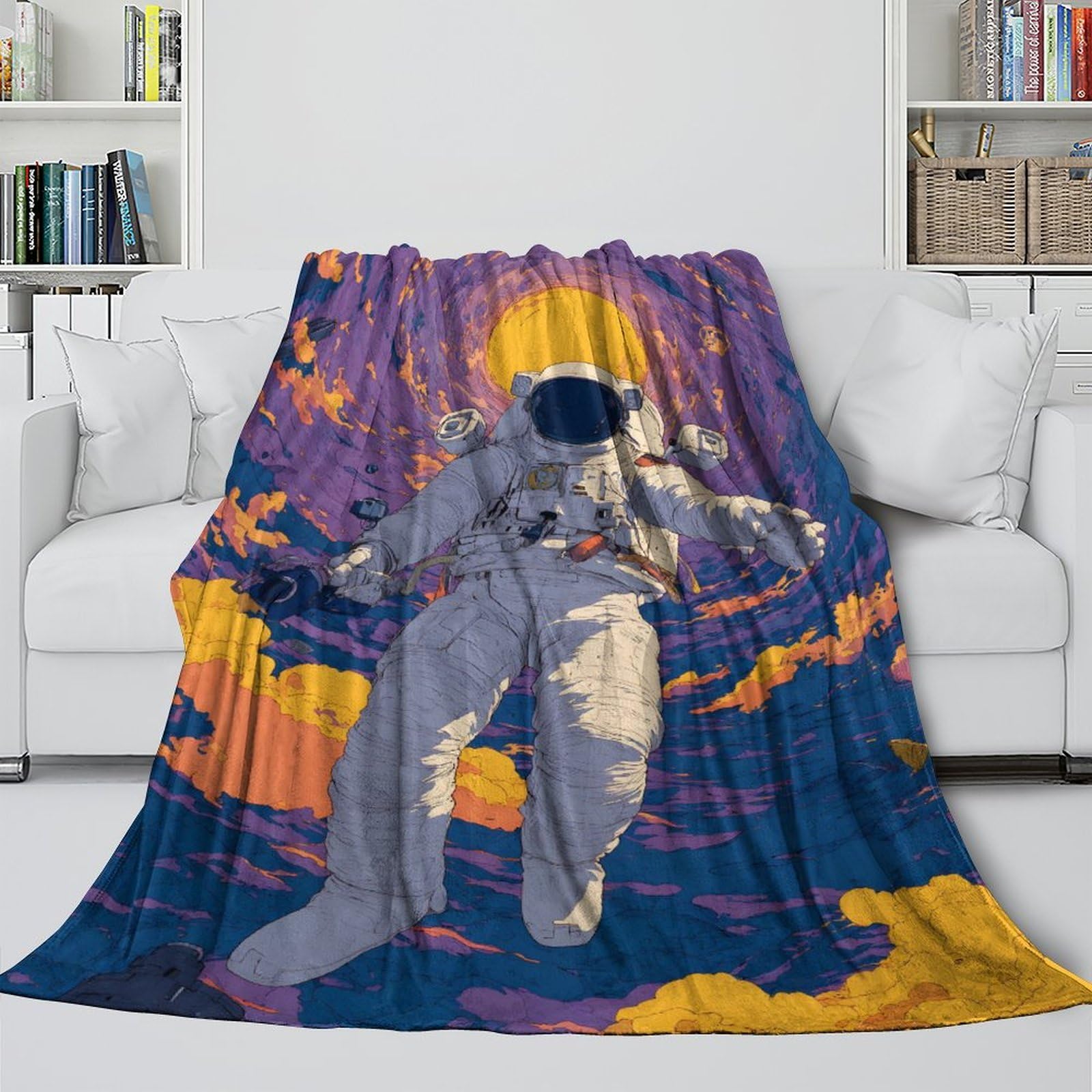 Farbechtes Weltraum Planeten Galaxie Sci-Fi Muster Flanell Fleece Decke, Astronauten Weltraum Mission Weicher Plüsch Bettüberwurf Für Wohnen, 80x90inch(200x230cm)