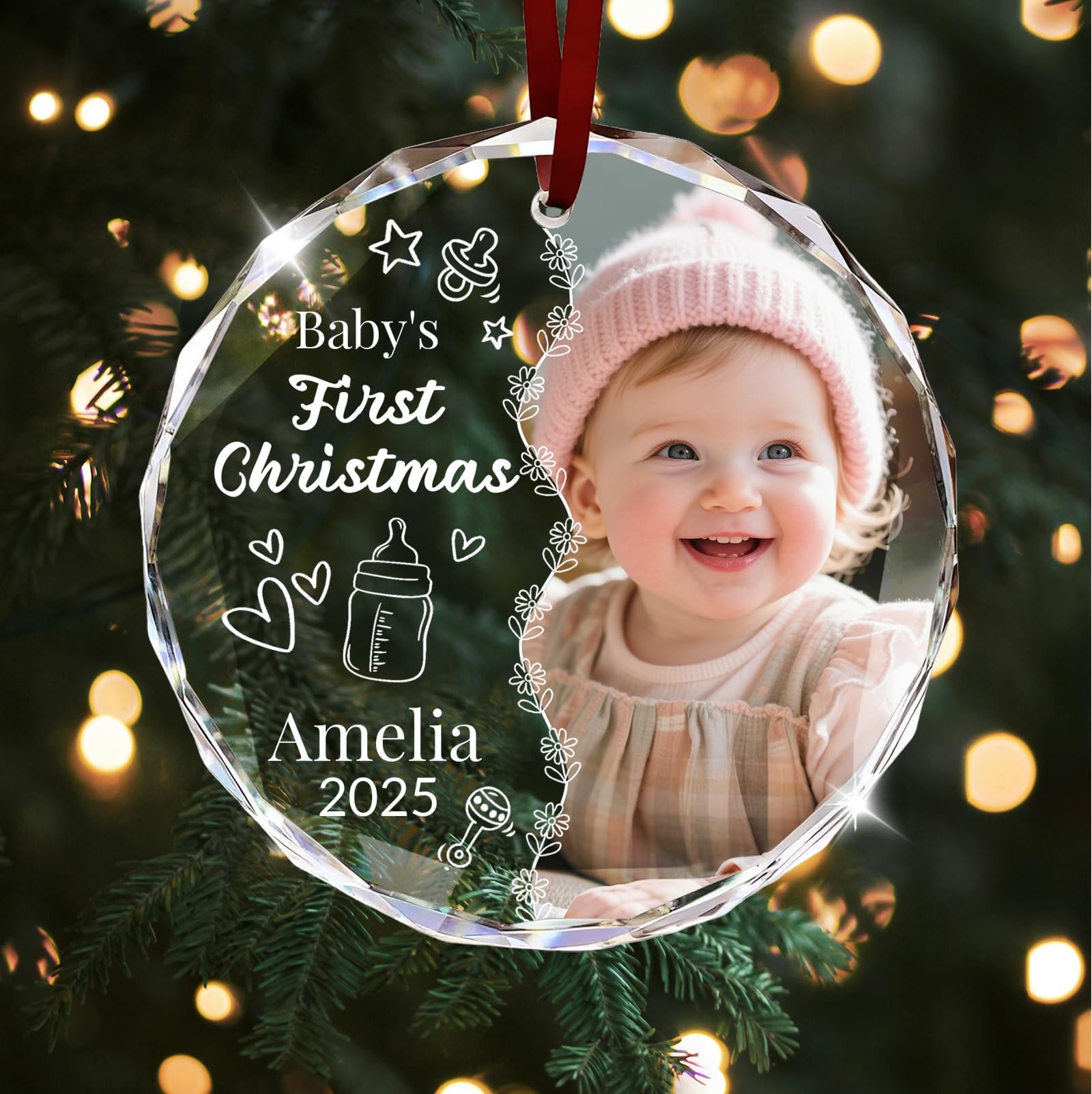 Personalized Baby's First Christmas Ornament 2025, Custom Christmas Photo Crystal Glass Ornaments with Name or Date, Personalized Christmas Tree Decor Gifts for Family, Friends,Pet or Baby