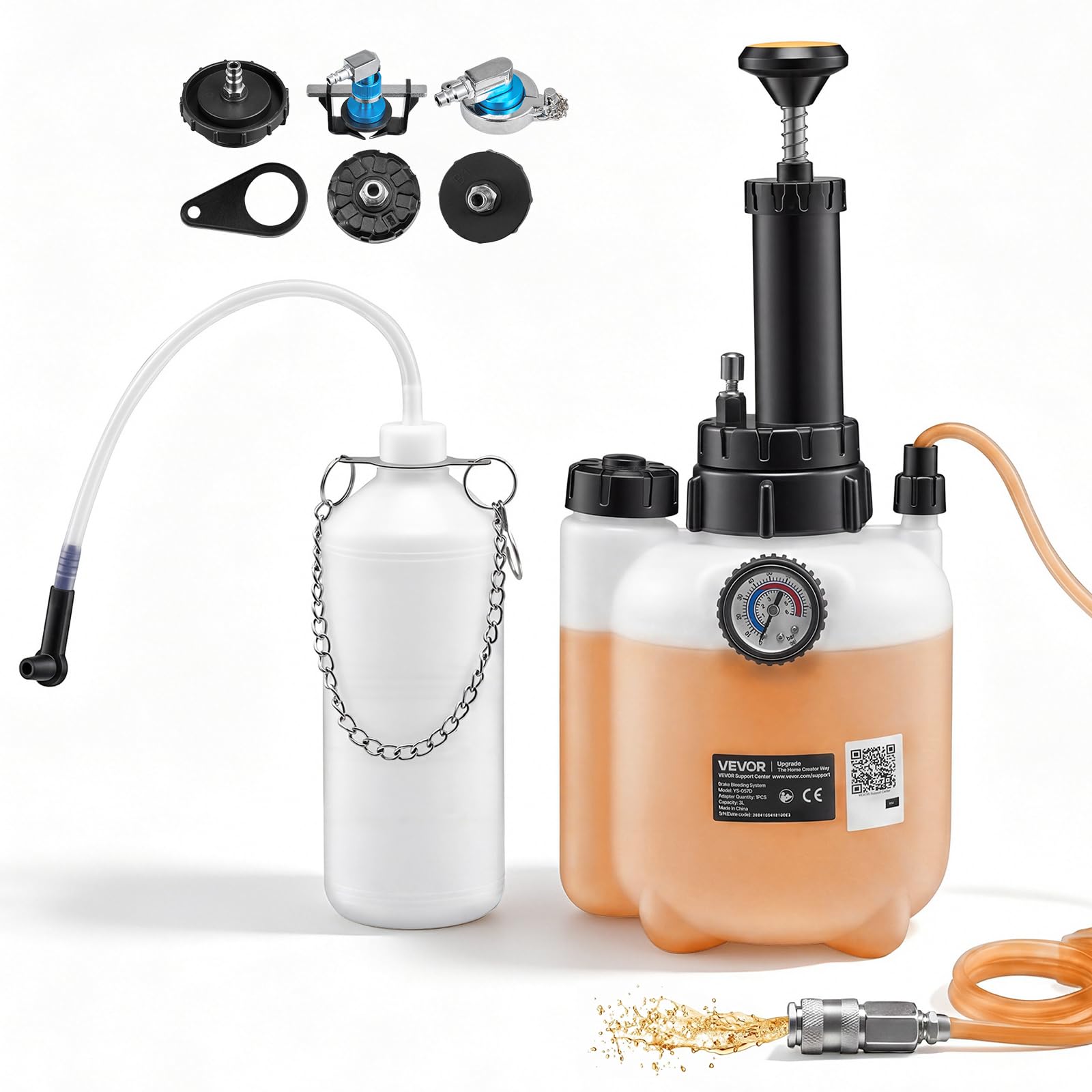 VEVOR Purgador de Frenos Manual 3 L, Kit de Purga de Frenos con 5 Adaptadores para Cilindro Maestro, Botella de Residuos de 1 L, Cambio de Líquido del Vehículo, Compatible con Mayoría de Vehículos