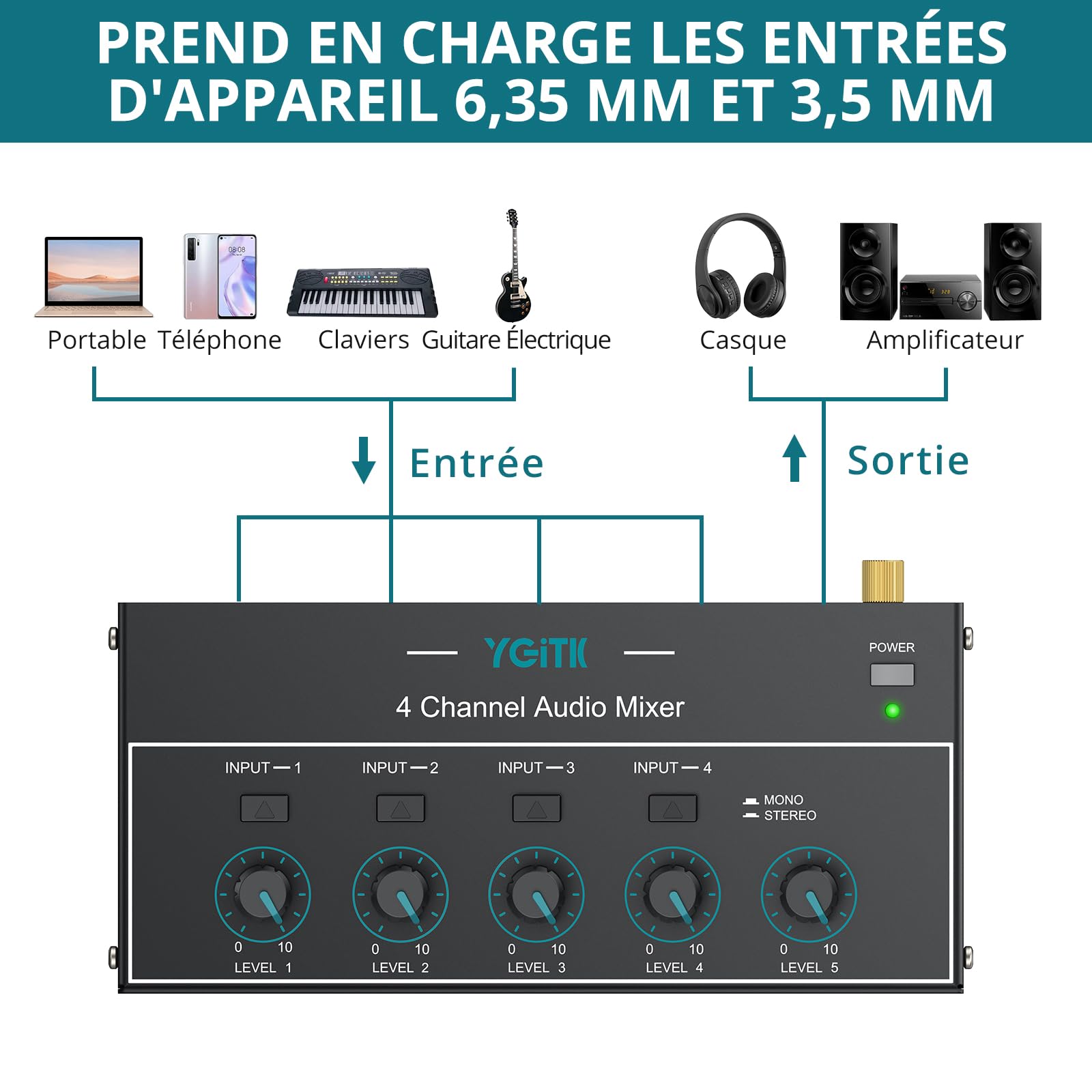 Mini Mélangeur Audio 4 Canaux Stéréo/Mono, 3,5 mm + 6,35 mm avec Contrôle du Volume Indépendant, Faible Bruit, USB Type-C pour Guitare, Clavier, Micro, Casque, PC
