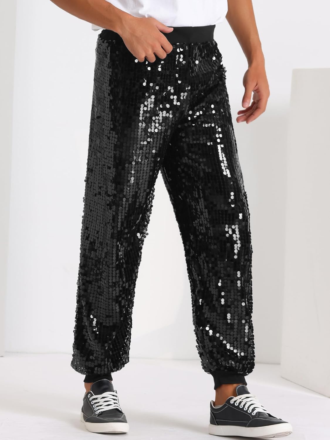 Lars Amadeus Sequin Pants for Men's Sparkly Disco Costume Elastic Waist Shiny Metallic Joggers