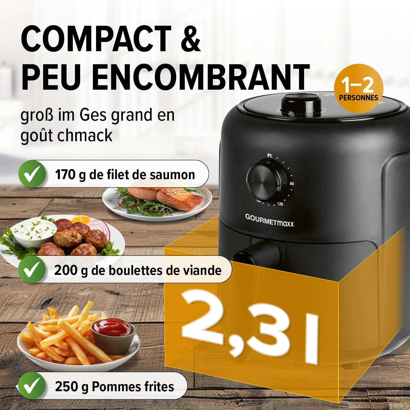 GOURMETmaxx Air Fryer de 2,3L | Friteuse à air chaud avec minuterie & écran tactile | 8 fonctions & 7 programmes | Frire à économie d'énergie & presque sans huile dans ce mini-four - 1000 W [Noir]
