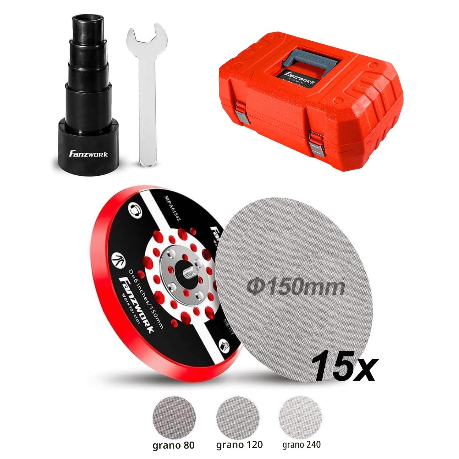 FANZWORK Lijadora rotorbital EZ150A, 350W, órbita de 5 mm, disco de 150 mm, 7 velocidades, freno de disco, 15 lijas, disco de repuesto y maletín de transporte.