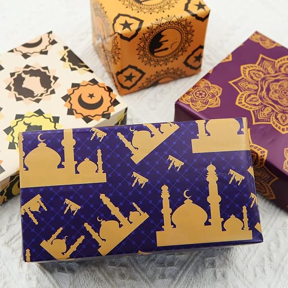 Apol Vintage Gift Wrapping Paper,Ramadan Eid Mubarak Wrapping Paper Blue Castle Stars Moon Retro Flower 6 Folded Sheets Birthday Gift Wrap Craft Paper for Ramadan Party Gift Decoration,28 x 20 Inch