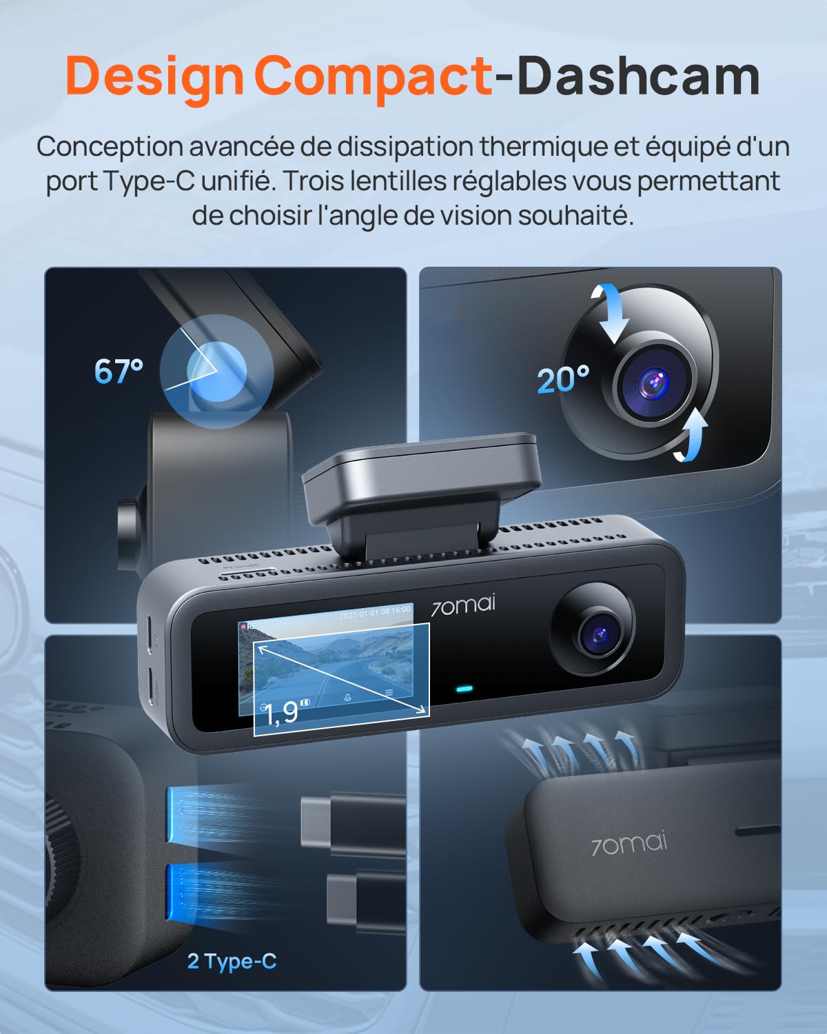 70mai Dashcam Voiture 4K T800E à 3 Canaux, Caméra Triple Avant et Arrière 4K+1080P+1080P avec HDR, Vision Nocturne IR, Mode Parking, F1.55, GPS, Supercondensateur, Contrôle Vocal, Carte MicroSD 64 Go