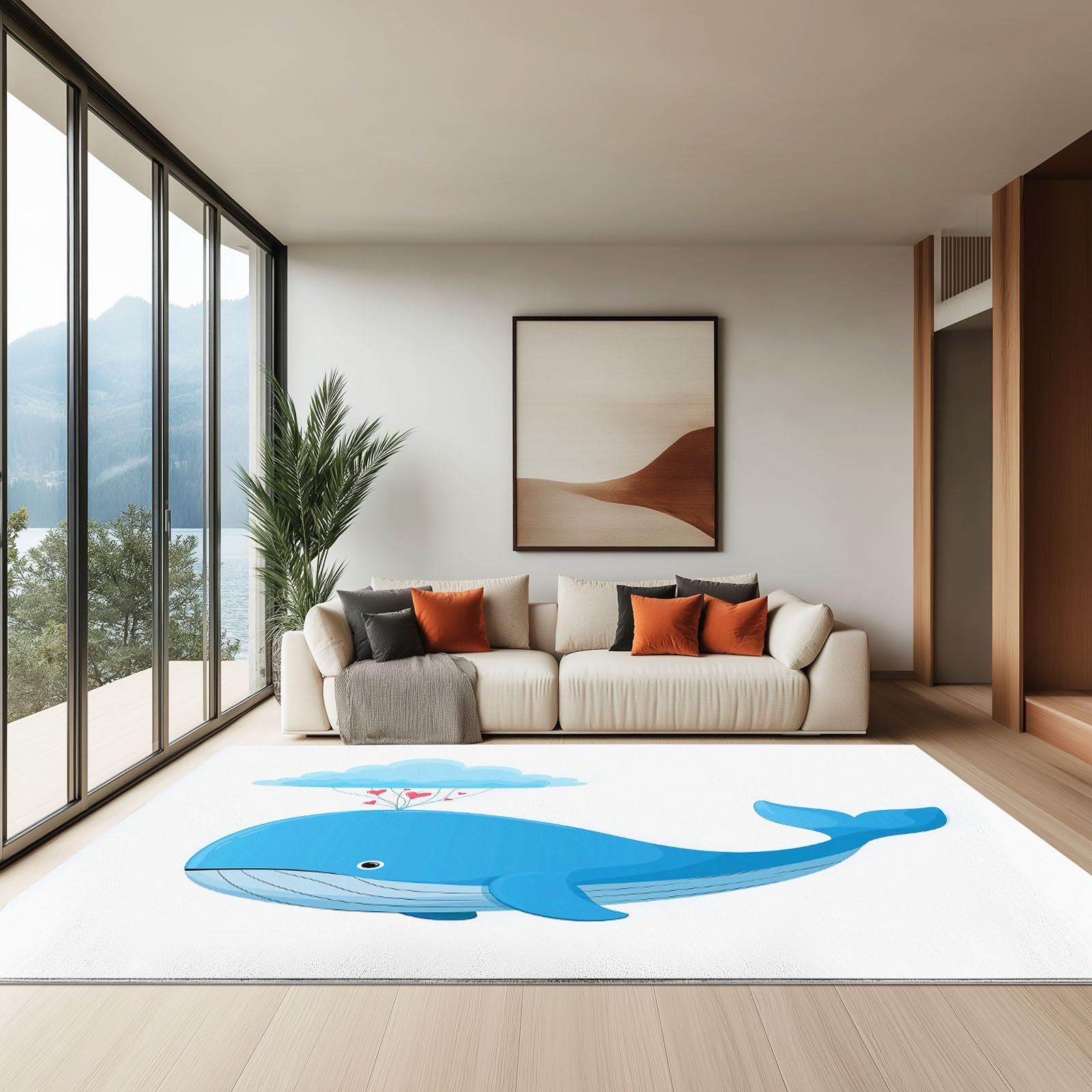 Tappeto - fondo antiscivolo - lavabile - morbido Pelo Corto Tappeti, 80 x 150 cm per camera da letto camera dei bambini ufficio sala da pranzo, Balenottera Azzurra Nuvole Forma Cuore Vapore Bianco